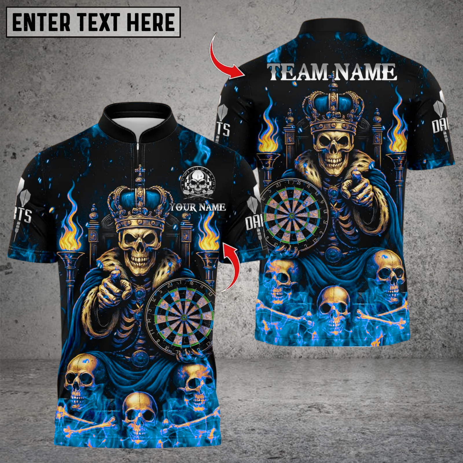 Blisscorners Darts Skeleton King Fire Throne Multicolor Customized Name, Team Name 3D Shirts