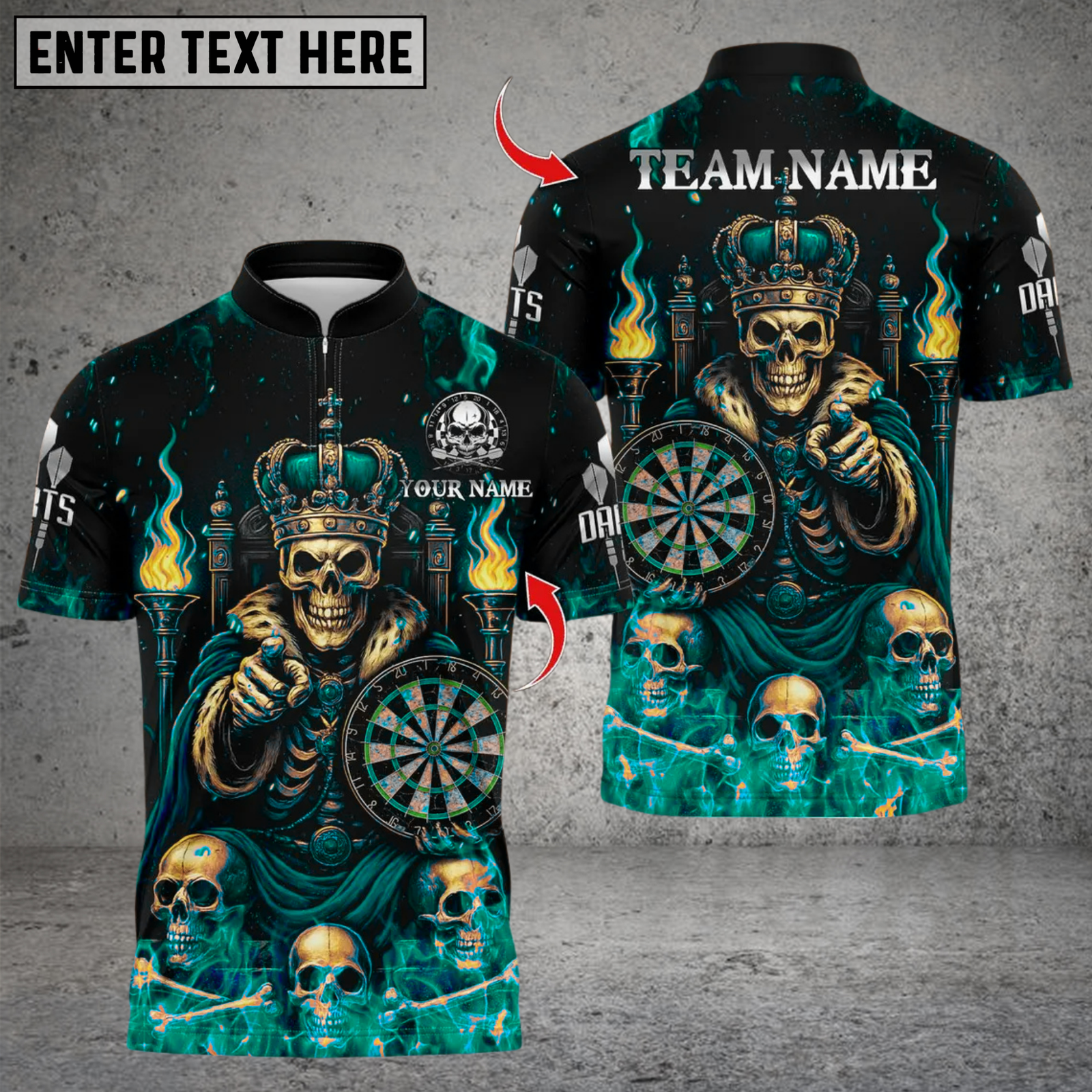 Blisscorners Darts Skeleton King Fire Throne Multicolor Customized Name, Team Name 3D Shirts