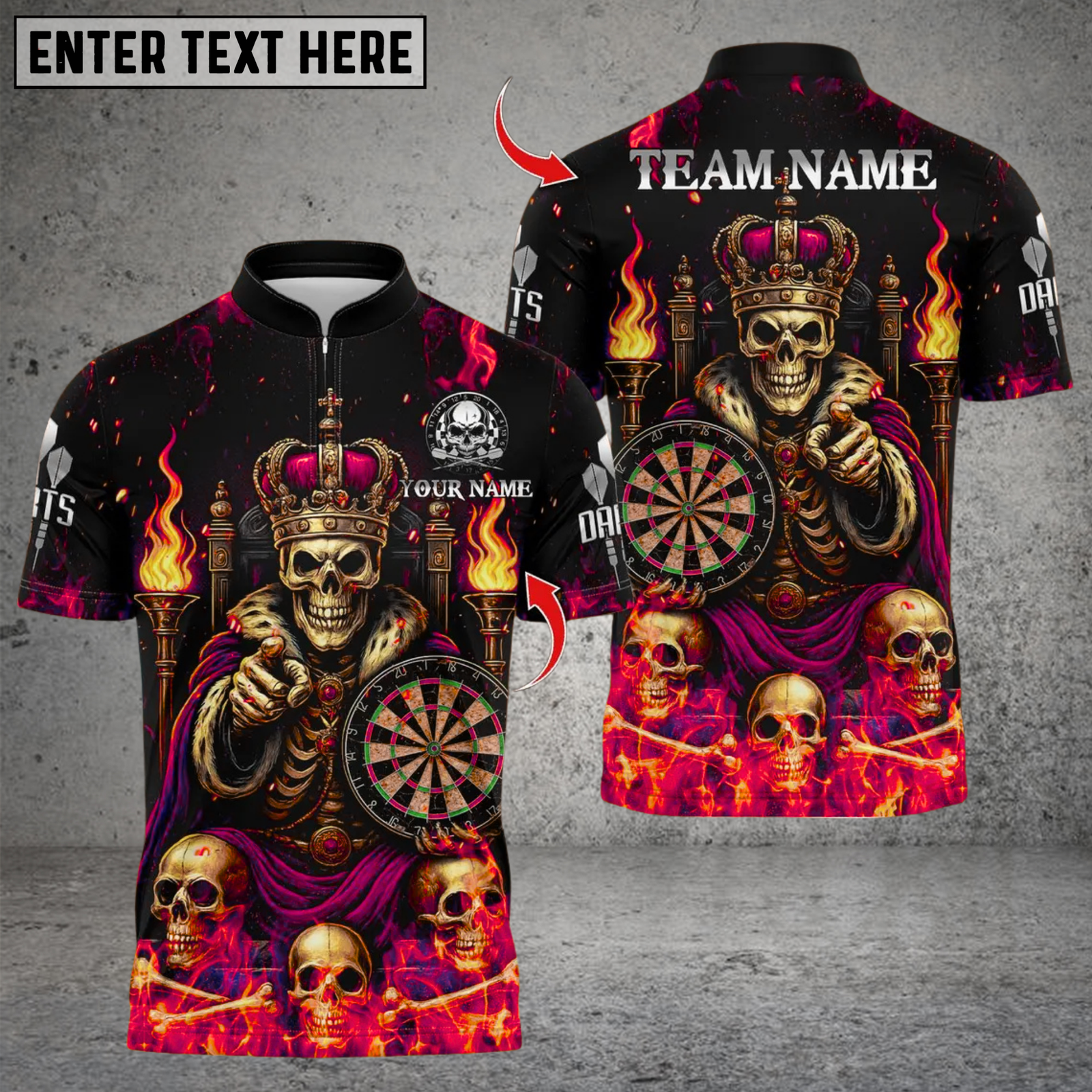 Blisscorners Darts Skeleton King Fire Throne Multicolor Customized Name, Team Name 3D Shirts