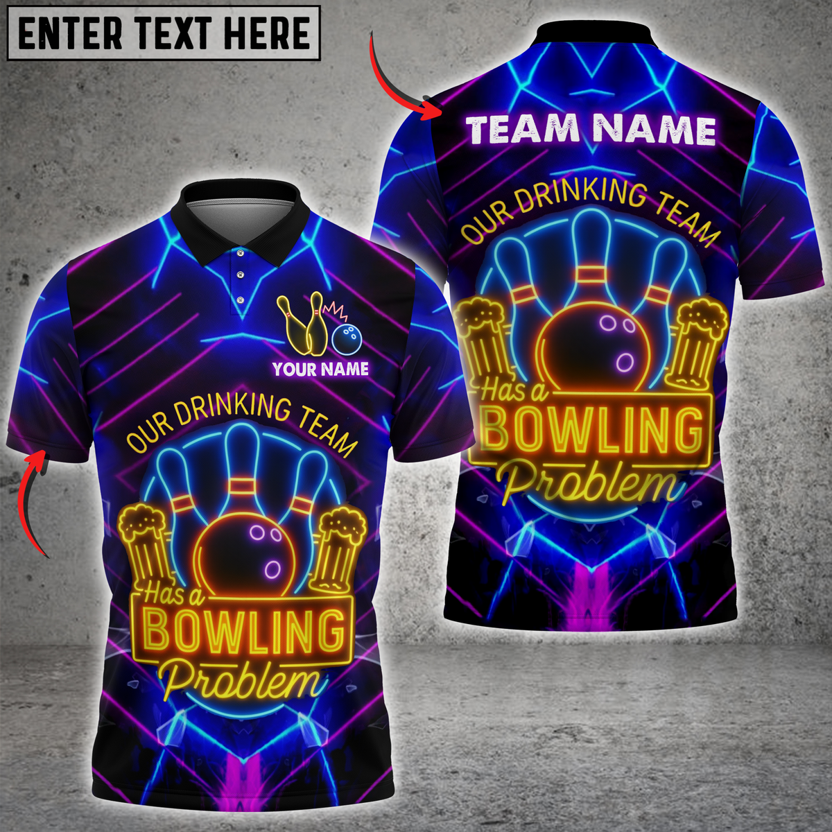 Blisscorners Our Drinking Team Has a Bowling Problem With Neon Style Personalized Name 3D Unisex Shirt