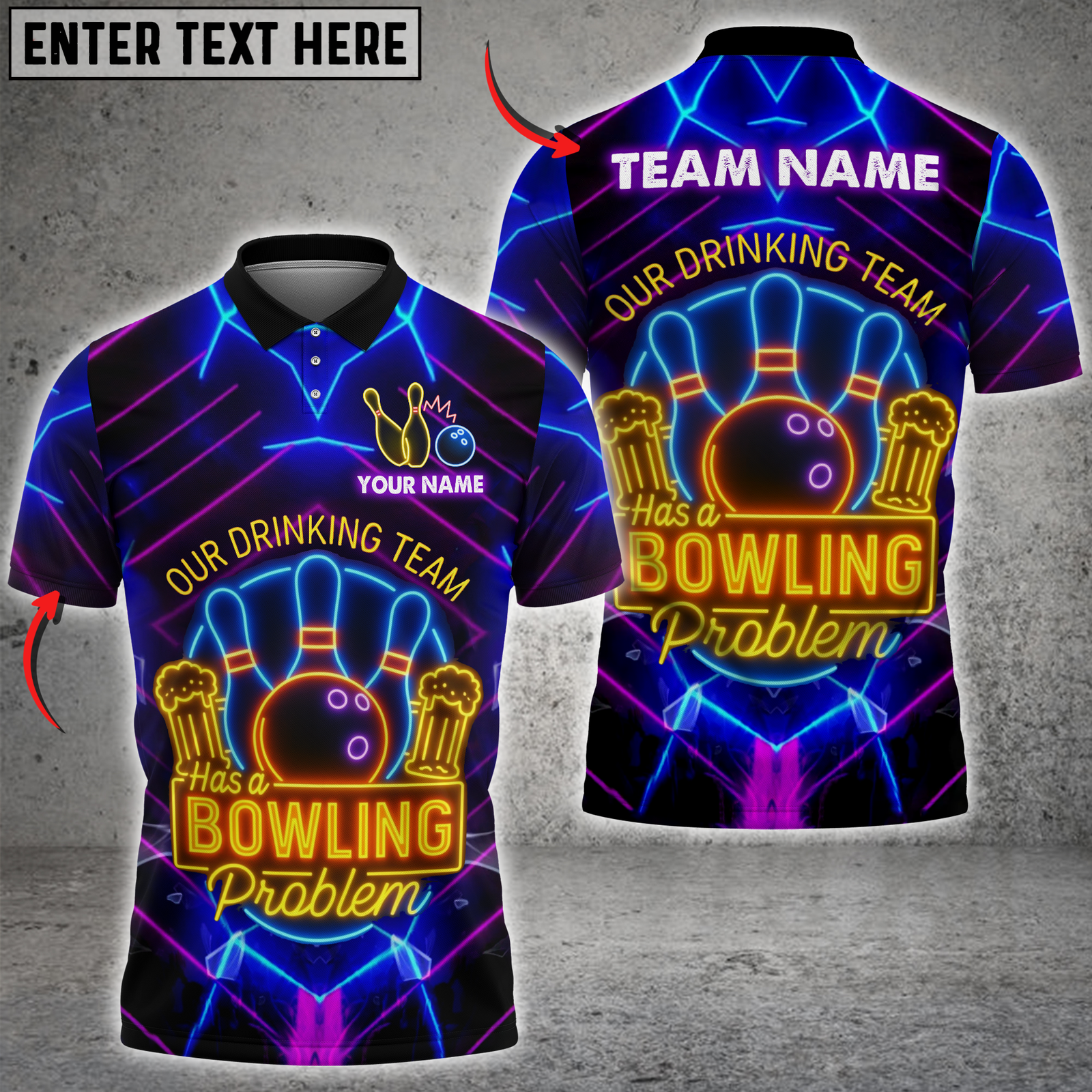 Blisscorners Our Drinking Team Has a Bowling Problem With Neon Style Personalized Name 3D Unisex Shirt