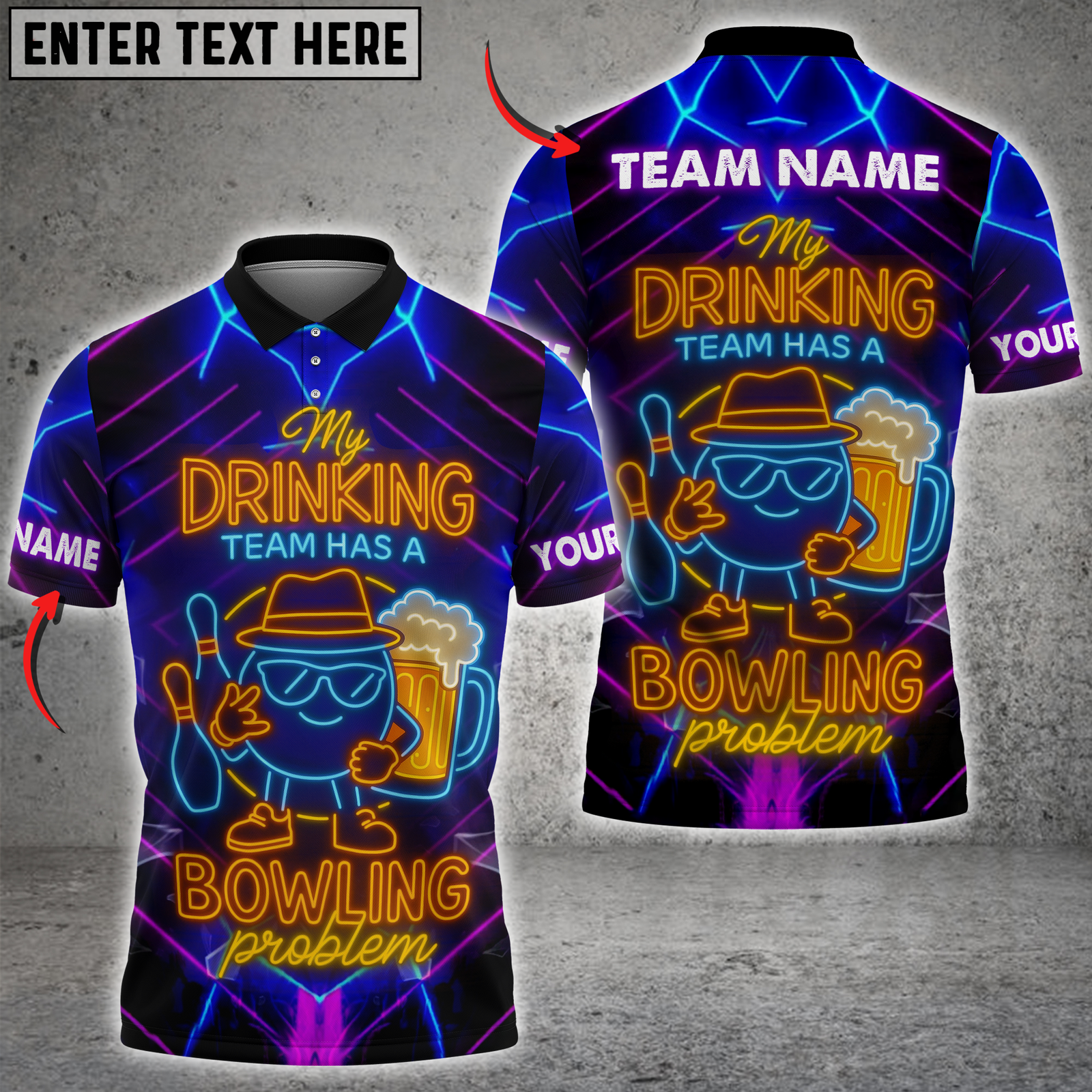 Blisscorners My Drinking Team Has a Bowling Problem With Neon Style Personalized Name 3D Unisex Shirt