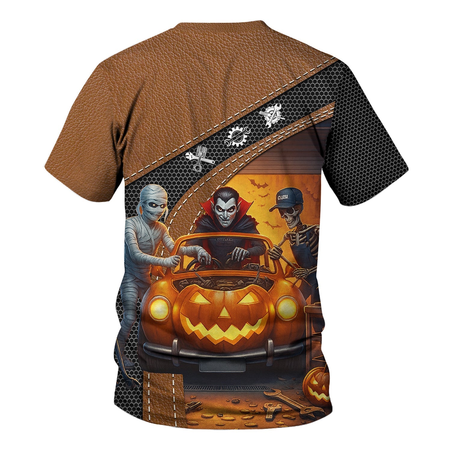Blisscorners Halloween Mechanic T Shirt Funny Vampire Skeleton Mummy Pumpkin Car Spooky Auto Repair Garage Workwear Tee Gift For Men Women Halloween