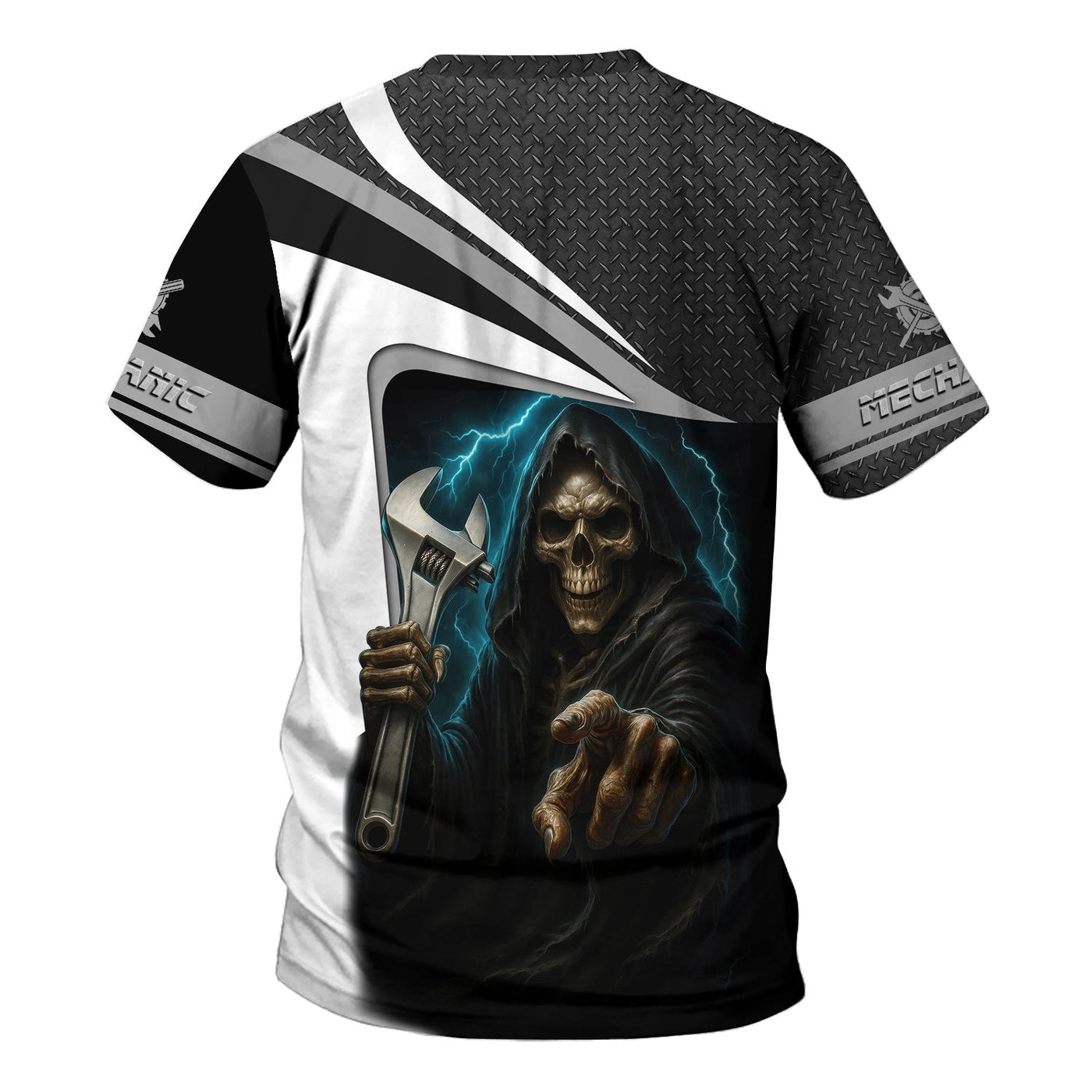Blisscorners Custom Name Mechanic Shirt Grim Reaper Holding Wrench with Thunder Design T Shirt