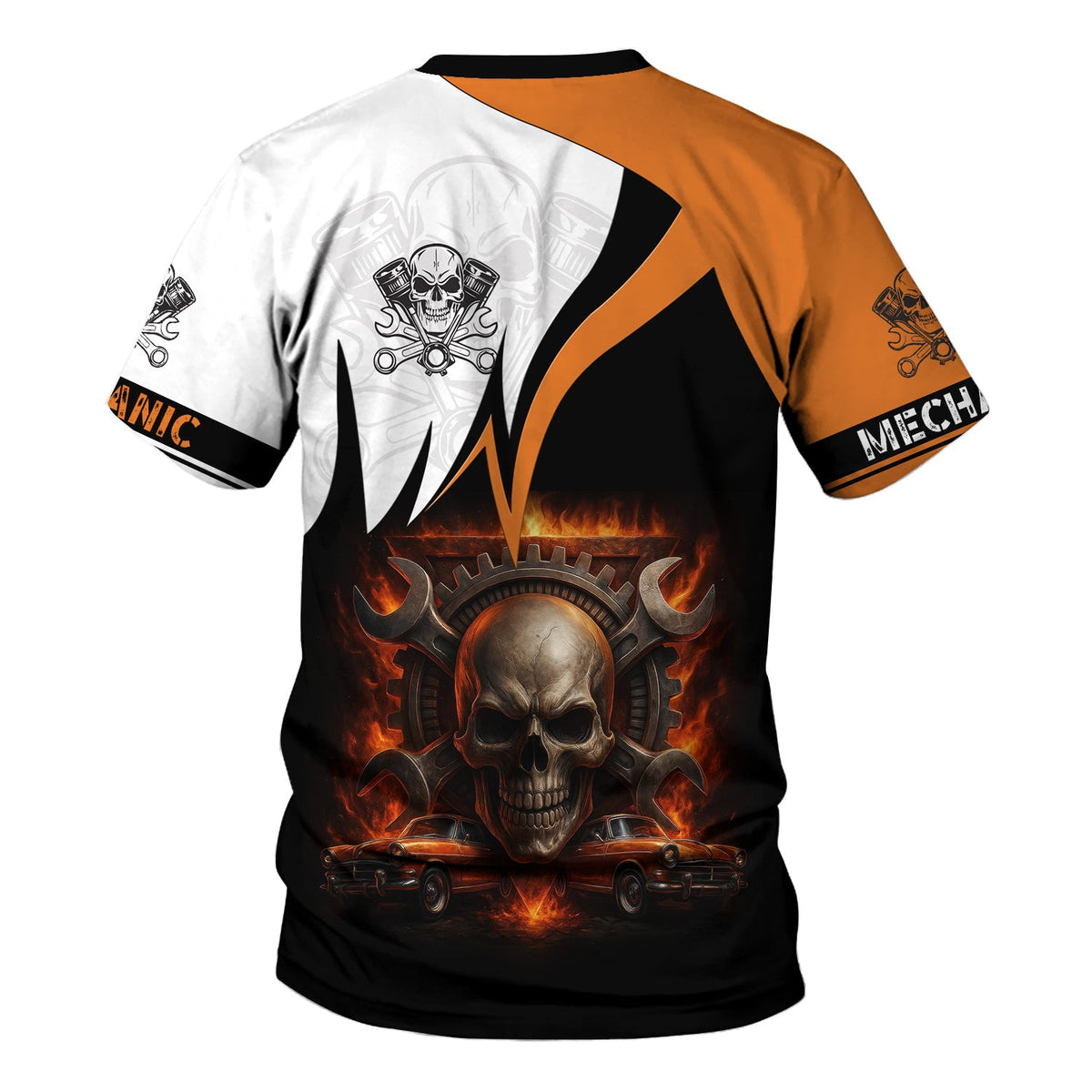 Blisscorners Custom Name Mechanic Shirt Flame Skull Wrench Gear Vintage Car Design T Shirt