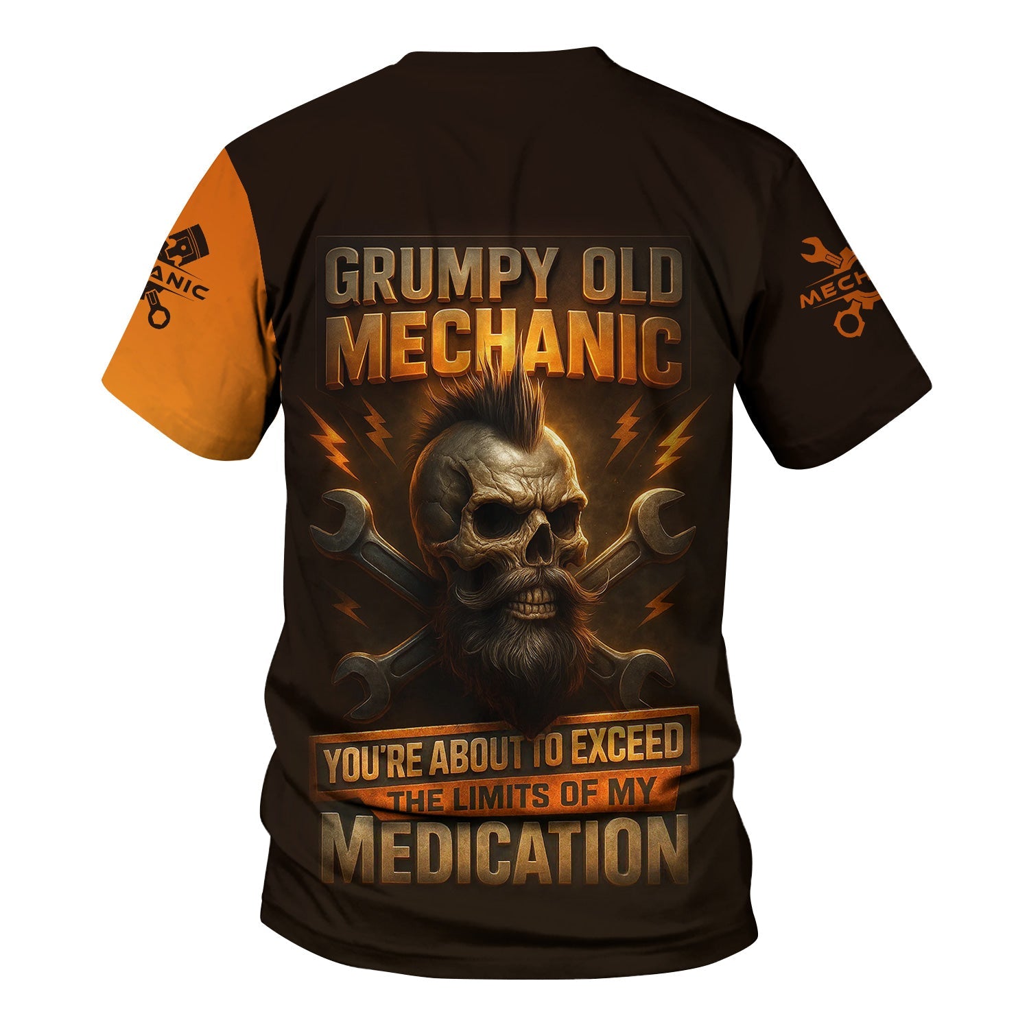 Blisscorners Personalized T-Shirt Grumpy Old Mechanic You're About To Exceed The Limits Of My Medication Flame Skull Design Shirt