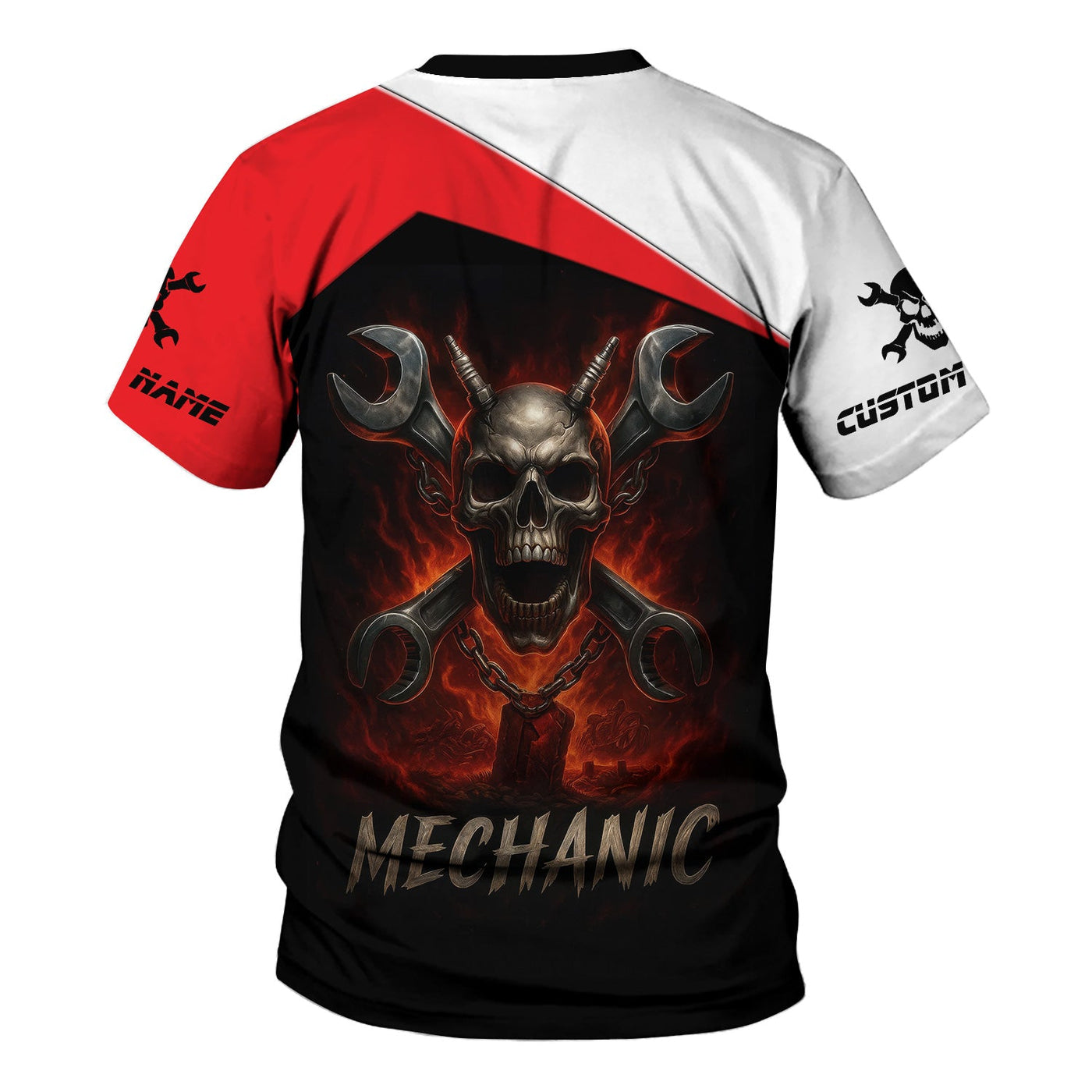 Blisscorners Custom Name Mechanic Shirt Wrench Flame Skull Design T Shirt