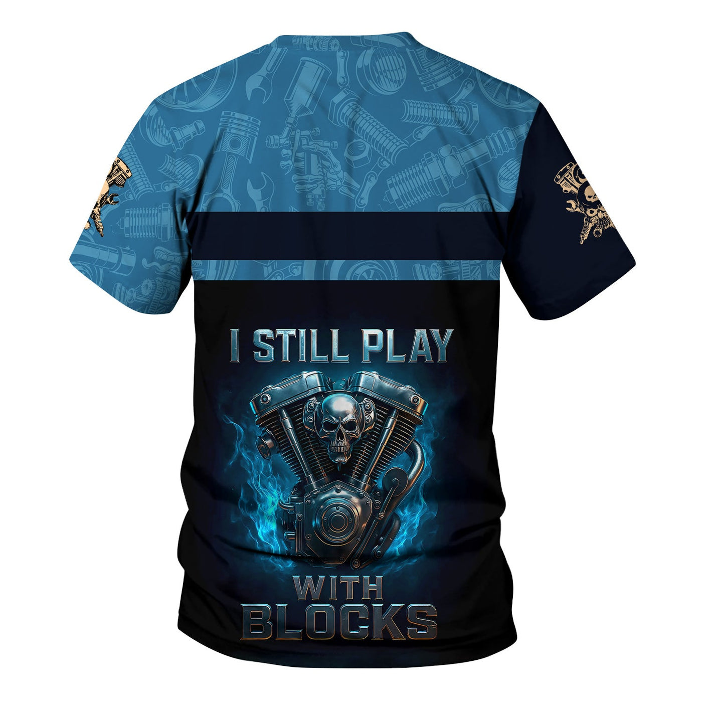Blisscorners Personalized T-Shirt I Still Play With Blocks Flame Engine Skull Design Shirt for Mechanics