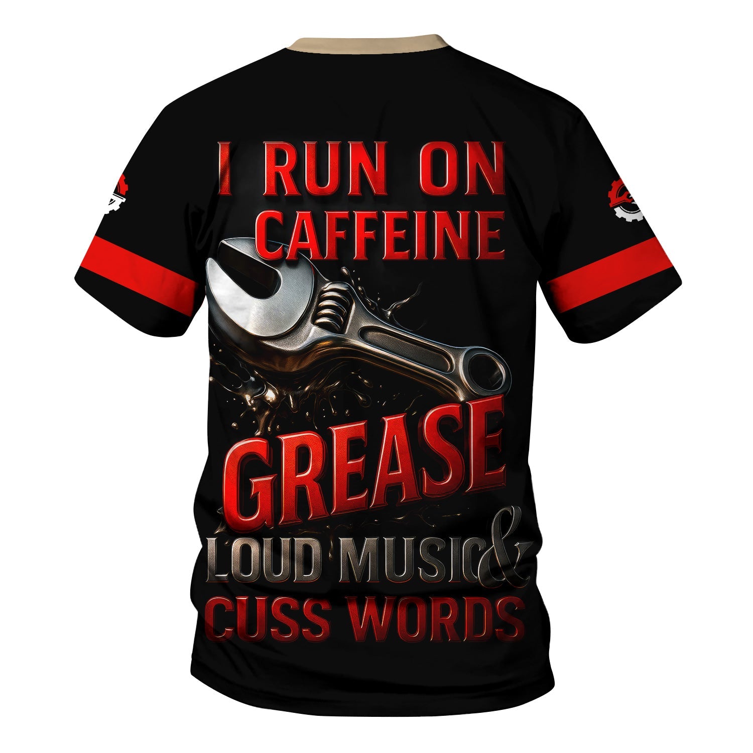 Blisscorners Custom Name Mechanic T-Shirt, I Run On Caffeine Grease Loud Music & Cuss Words, Funny Skull Graphic Tee for Auto Repair, Garage, Car Lovers