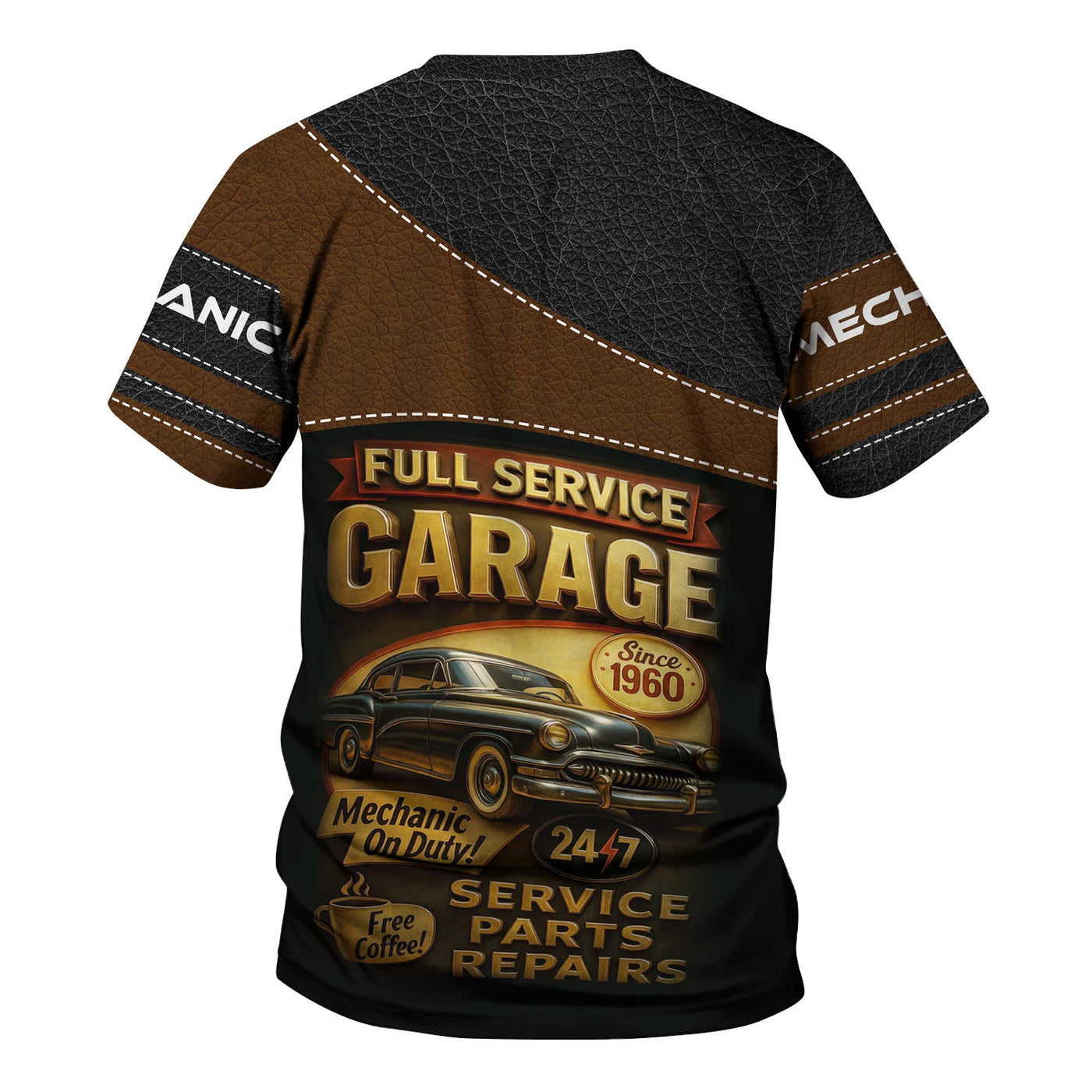 Blisscorners Personalized Mechanic Shirt, Full Service Garage Mechanic On Duty, Leather Printed Design, Custom Year, Gift For Men