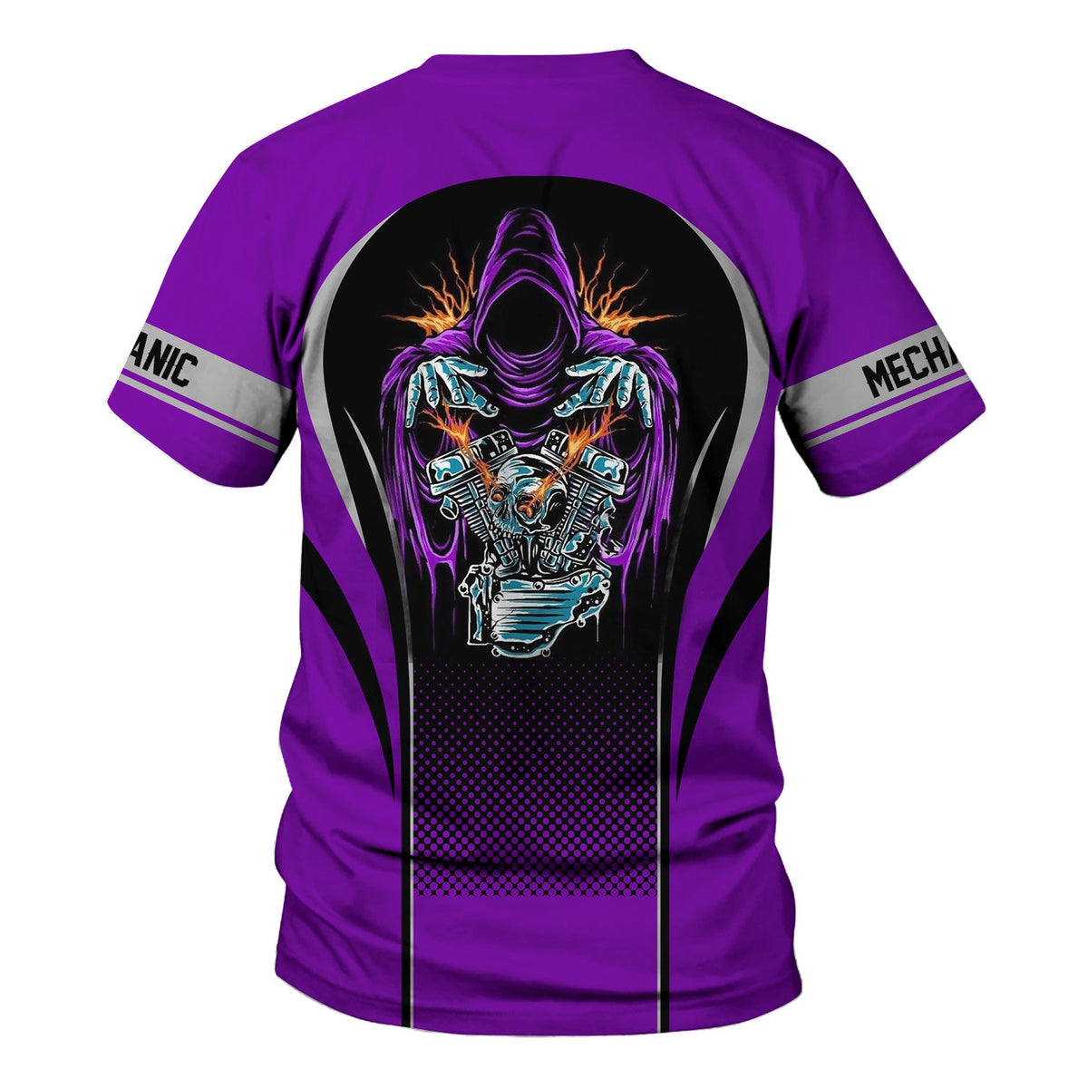 Blisscorners Custom Mechanic Shirt, Personalized Work Uniform, Custom Name & Department, Cool Mechanic Graphic Tee, Purple Engine Skull Design