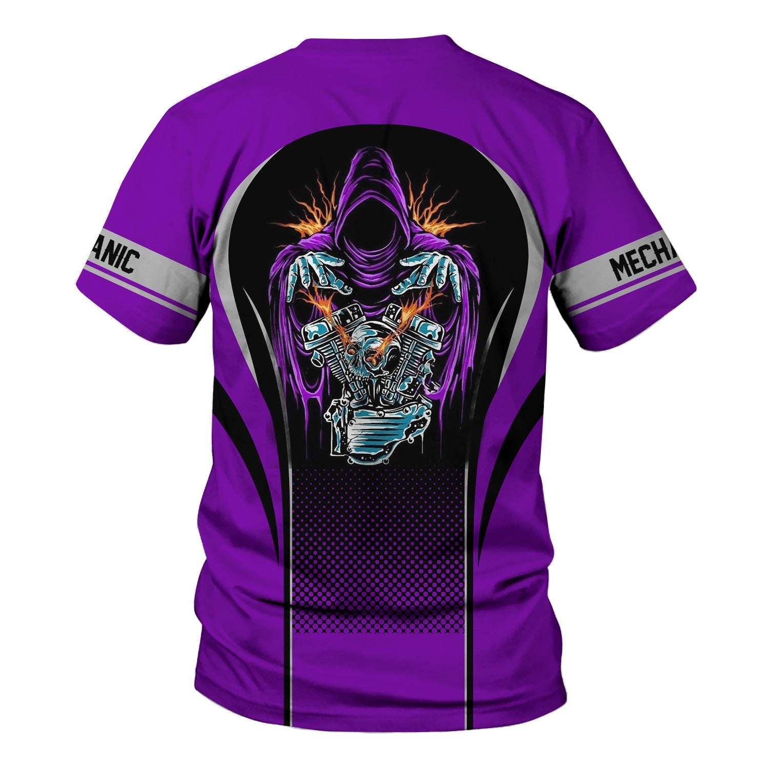 Blisscorners Custom Mechanic Shirt, Personalized Work Uniform, Custom Name & Department, Cool Mechanic Graphic Tee, Purple Engine Skull Design