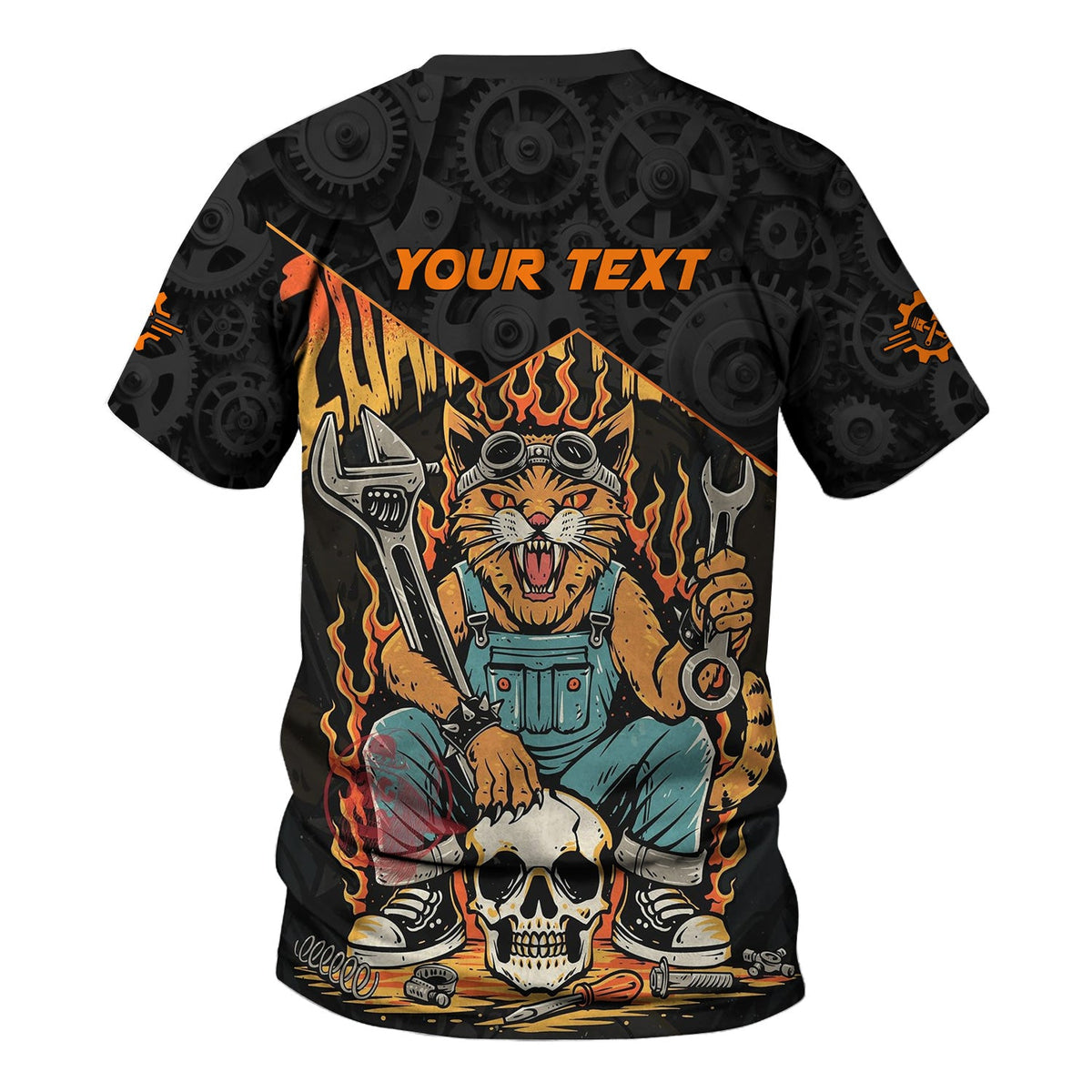 Blisscorners Personalized Mechanic Shirt Custom Name Funny Cat Skull Wrench Flames Auto Repair Garage Workwear Tee Car Repair Shirt Gift For Men Dad