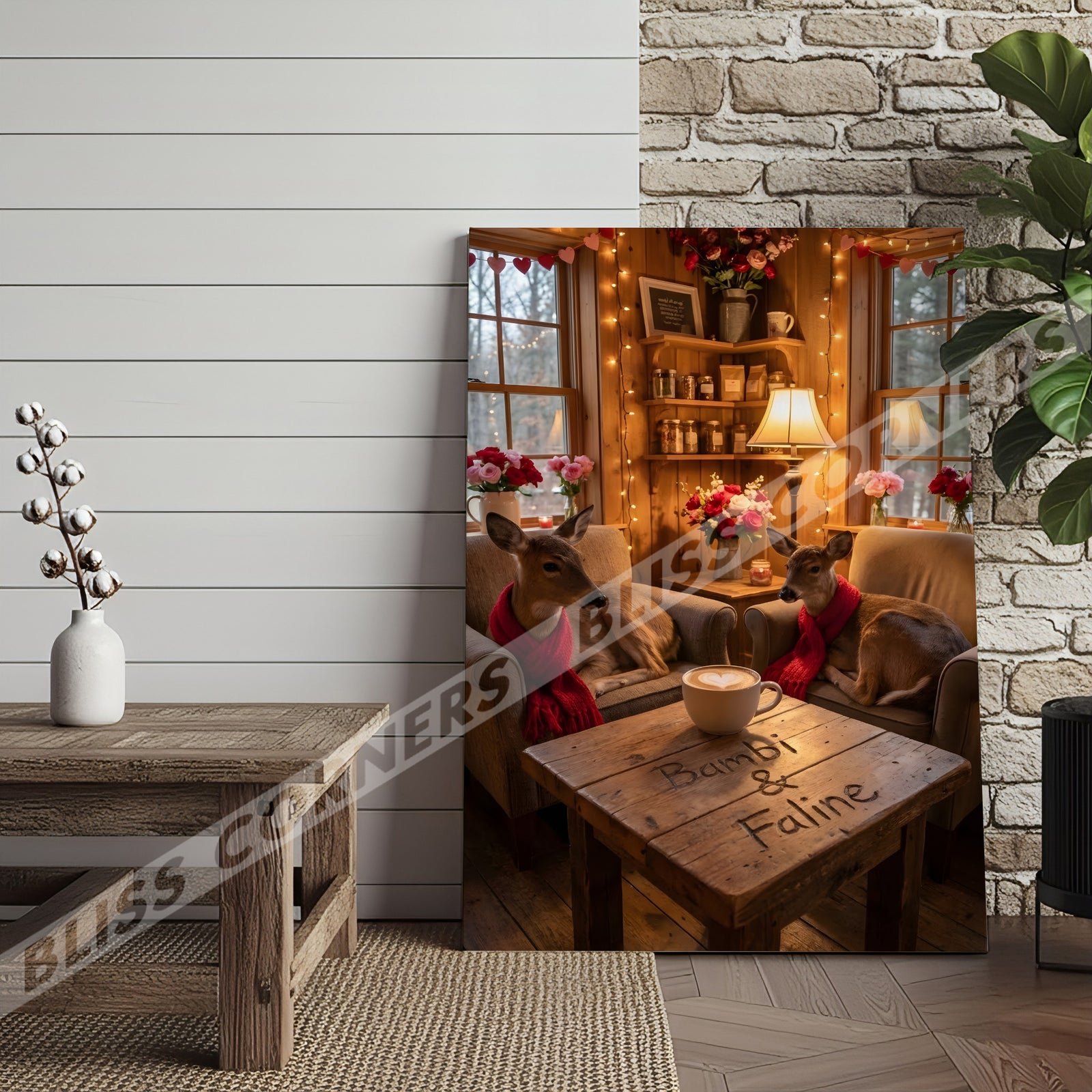 Blisscorners Cozy Deer Couple Cabin Coffee Scene Personalized Name Canvas