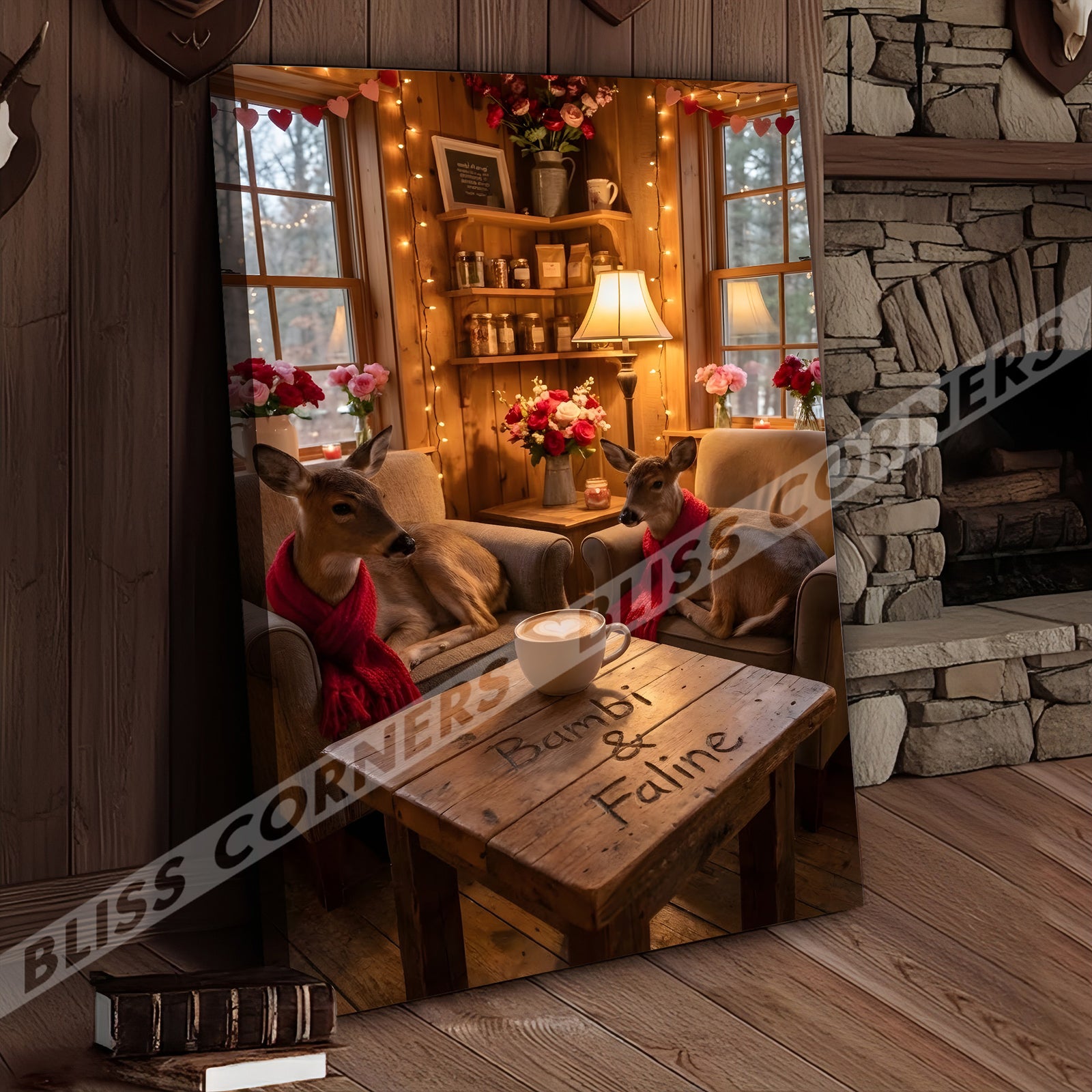 Blisscorners Cozy Deer Couple Cabin Coffee Scene Personalized Name Canvas