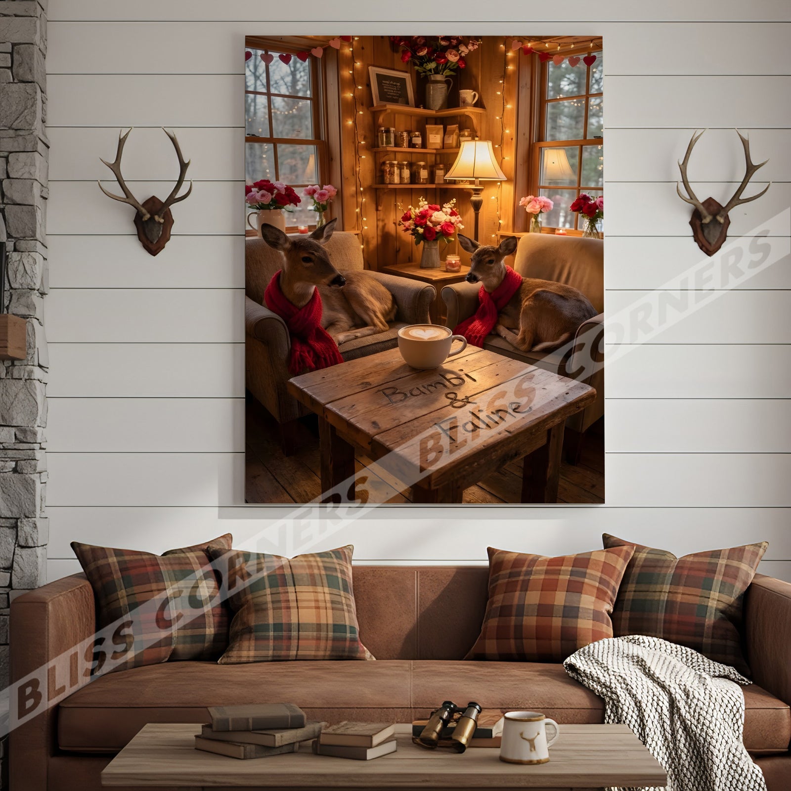 Blisscorners Cozy Deer Couple Cabin Coffee Scene Personalized Name Canvas