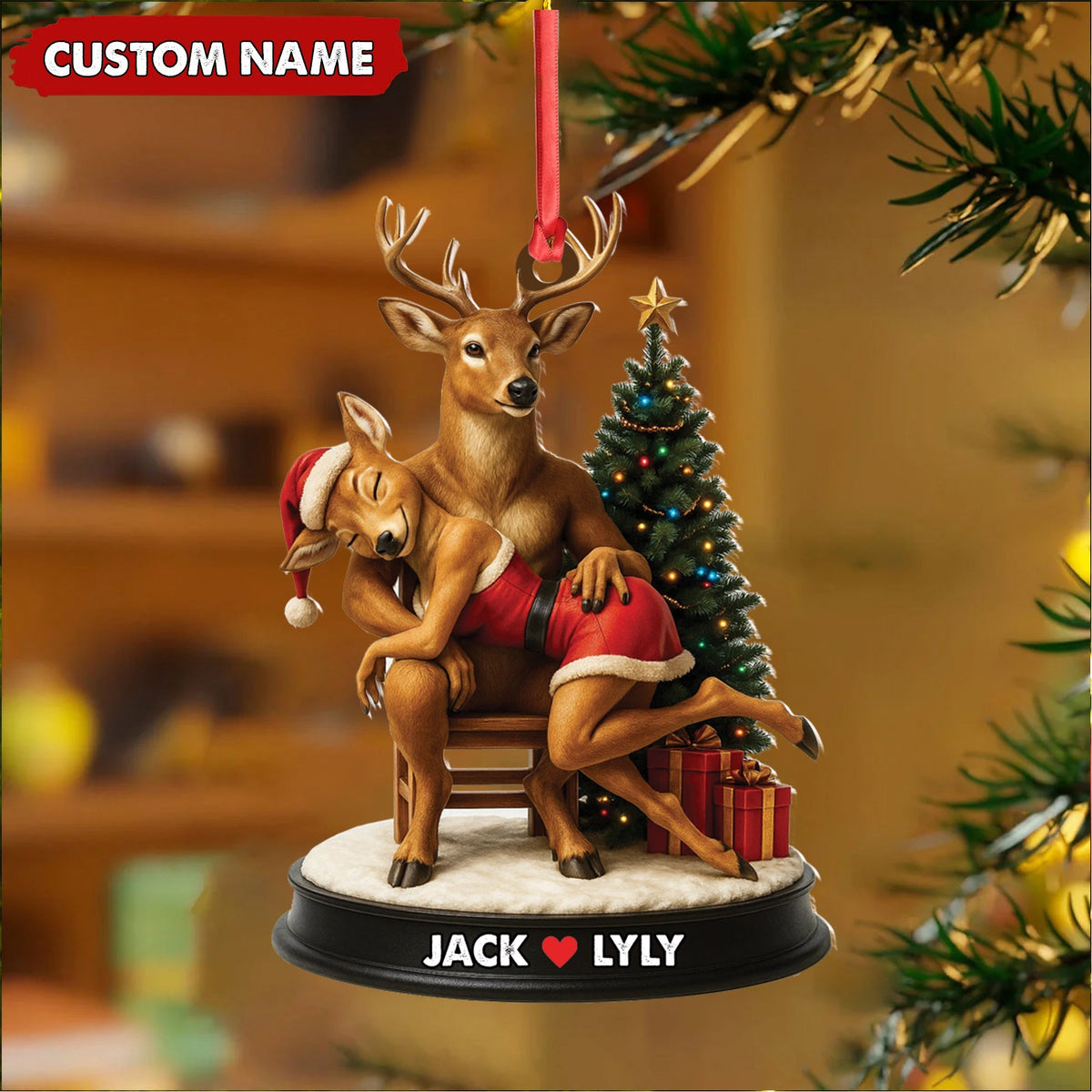 Blisscorners Personalized Acrylic Deer Couple Christmas Ornament - Romantic Holiday Decor for Couples & Wildlife Lovers LM0110
