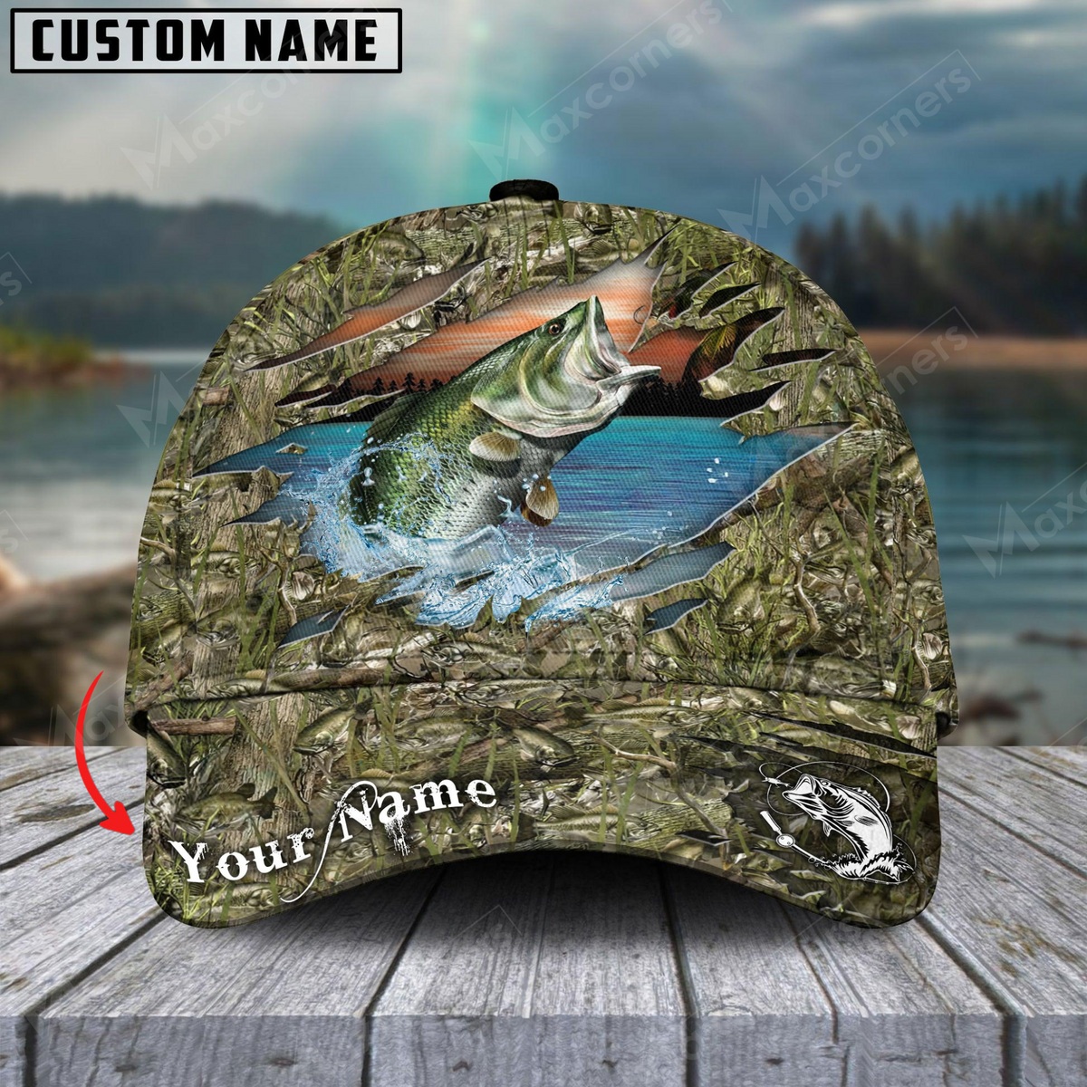 Blisscorners Bass Camouflage Fishing Customized Name 3D Cap