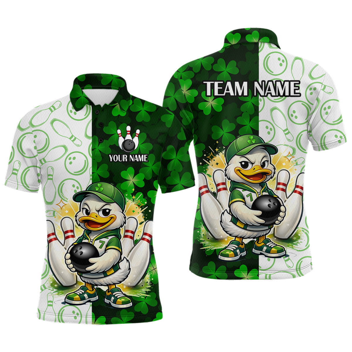 Blisscorners Custom Green Funny Duck Bowling Team Shirt for Men Lucky Clover St Patrick Day Bowling League Outfit LM0901