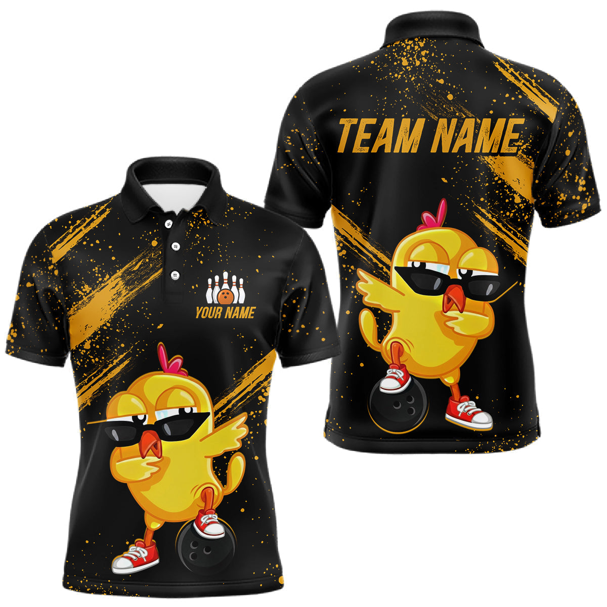 Blisscorners Funny Yellow Chicken Bowling Shirt Custom Polo &amp; 1/4-Zip Bowling League Jersey for Men LM1501