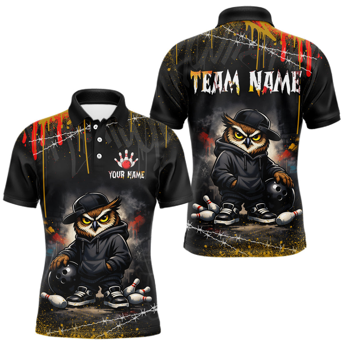 Blisscorners Personalized Owl Bowling Jersey Bowling Team Shirt Polo &amp; 1/4-Zip Bowling Outfit for Men LM1501