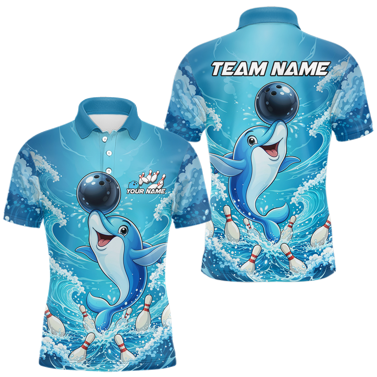 Blisscorners Custom Funny Dolphin Bowling Polo Shirt Blue Ocean Theme Team Jersey Bowling Outfit for Men LM0901