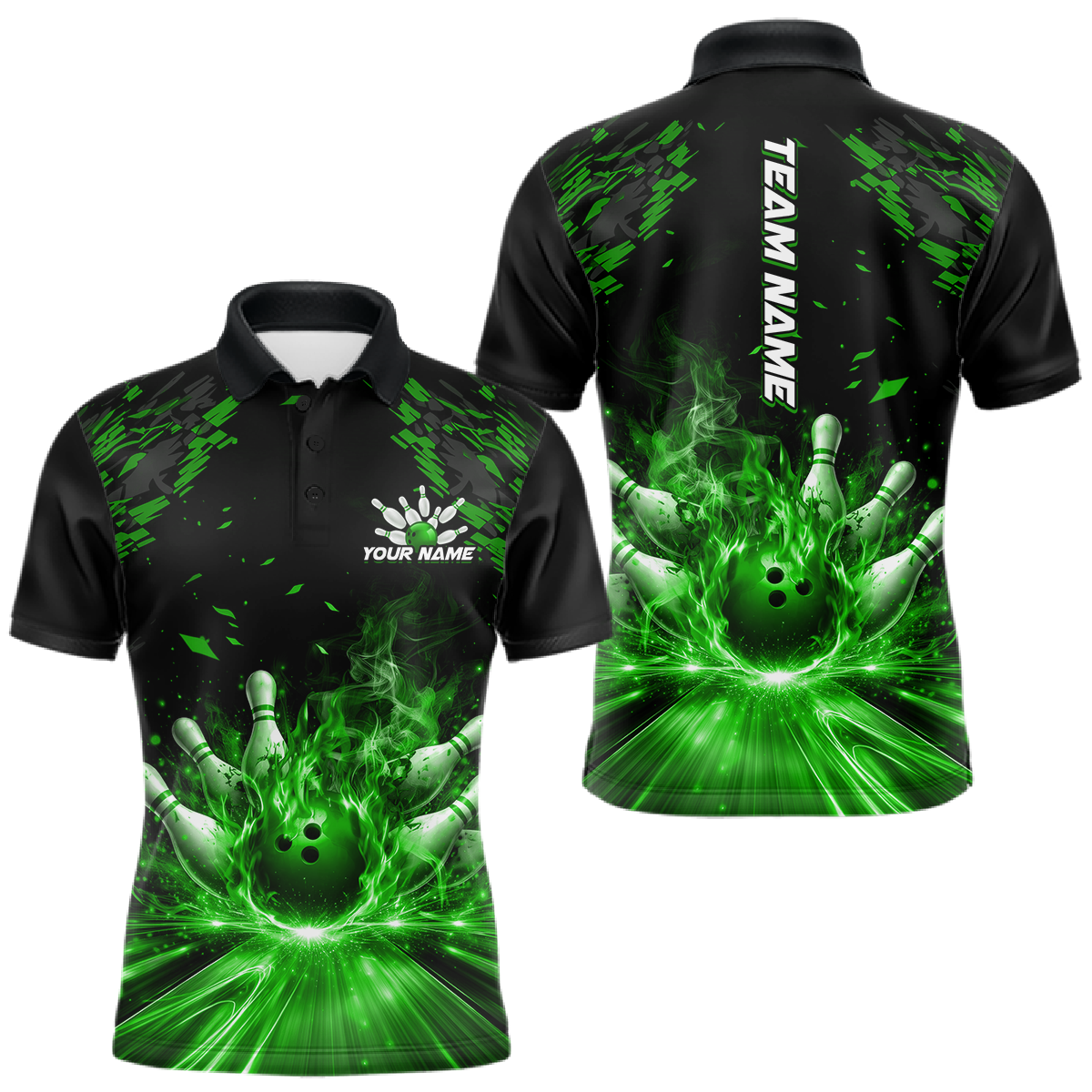 Blisscorners Custom Green Flame Bowling Team Shirt for Men Polo &amp; 1/4-Zip Bowling Jersey Bowling League Uniform LM1501