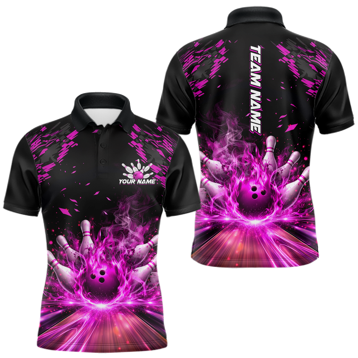 Blisscorners Custom Pink Flame Bowling Team Shirt for Men Polo &amp; 1/4-Zip Bowling Jersey Bowling League Uniform LM1501