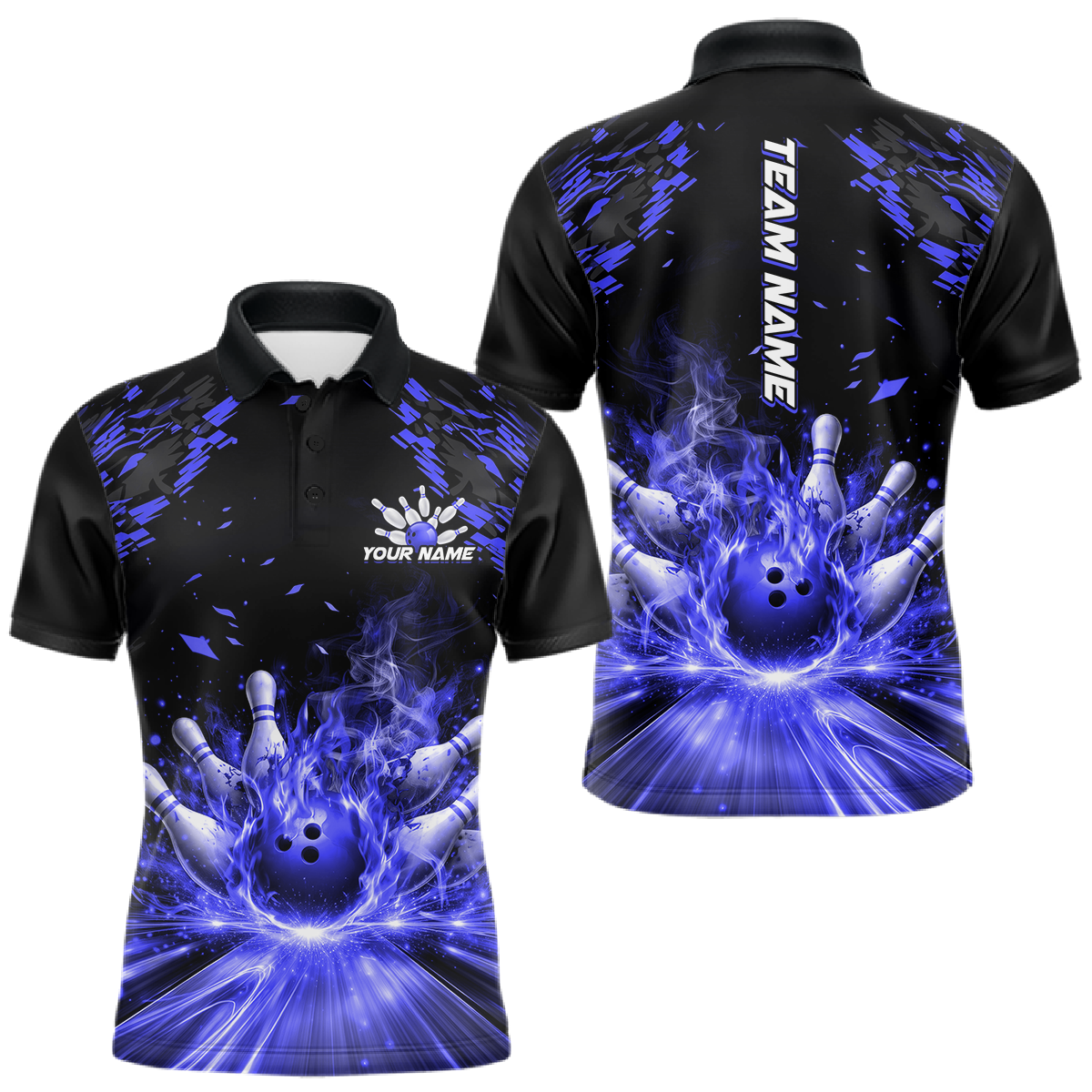 Blisscorners Custom Blue Flame Bowling Team Shirt for Men Polo &amp; 1/4-Zip Bowling Jersey Bowling League Uniform LM1501