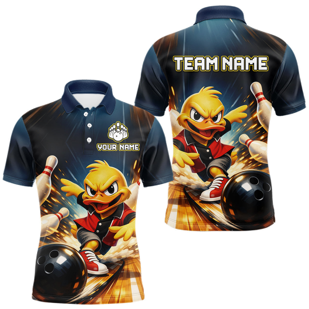 Blisscorners Personalized Funny Duck Bowling Team Shirt for Men Bowling League Uniform Polo & 1/4-Zip LM0901
