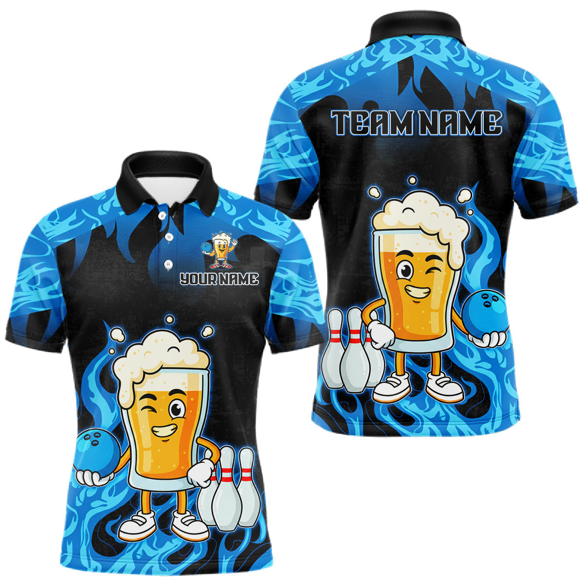 Blisscorners Blue Flaming Beer Bowling Shirts Beer Bowling Jersey for Team Women Men Bowler LM0101
