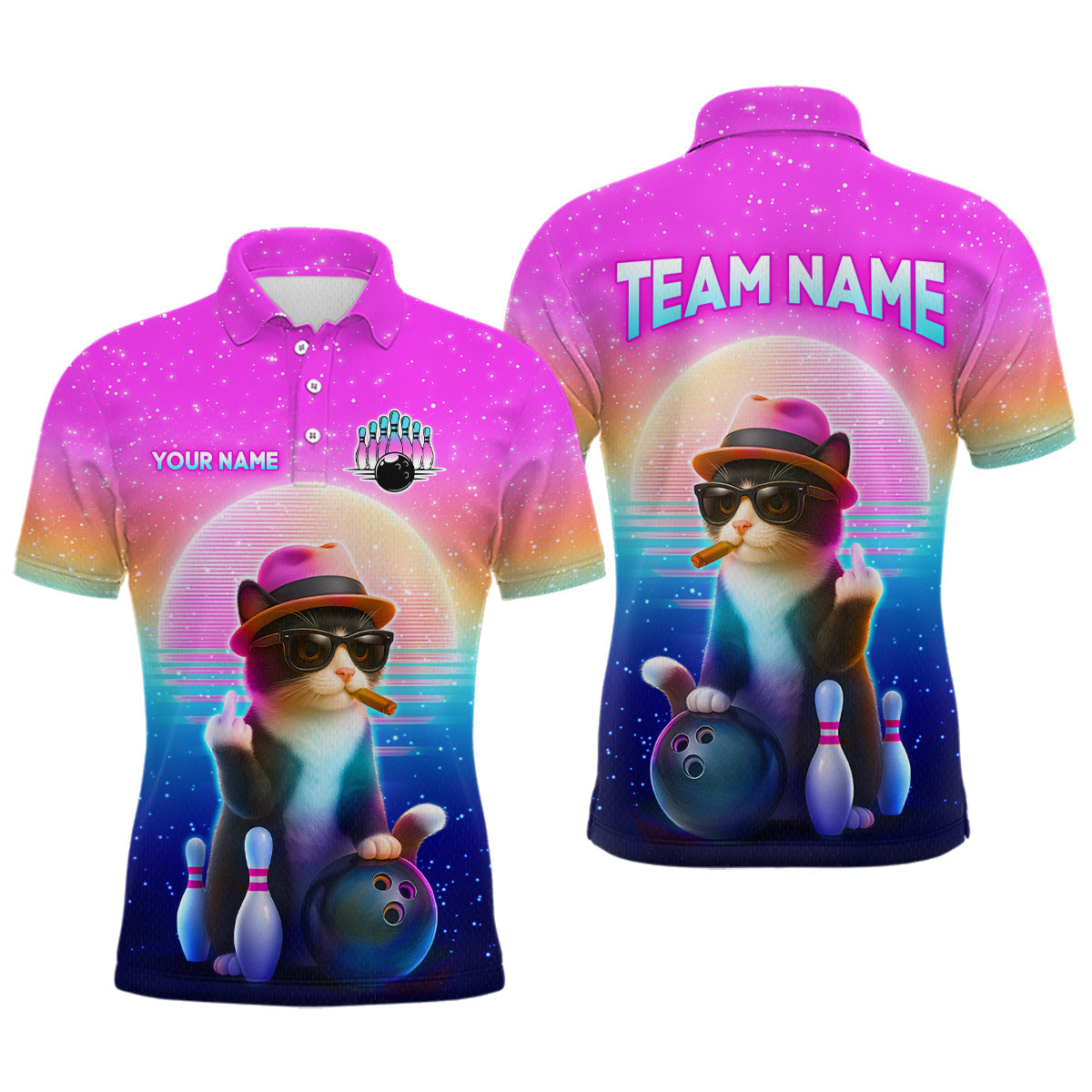 Blisscorners Custom Funny Cat Bowling Shirt for Men Retro Wave Bowling Team Jersey Polo & 1/4 Zip LM2201
