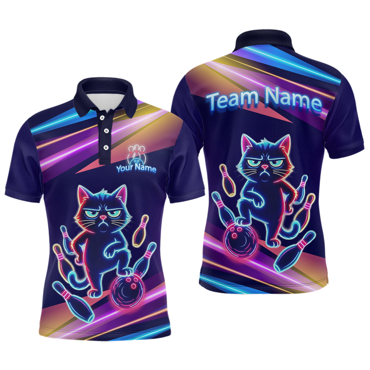 Blisscorners Custom Funny Cat Neon Bowling Jerseys for Men Bowling League Polo &amp; 1/4 Zip Bowling Team Shirts LM2201