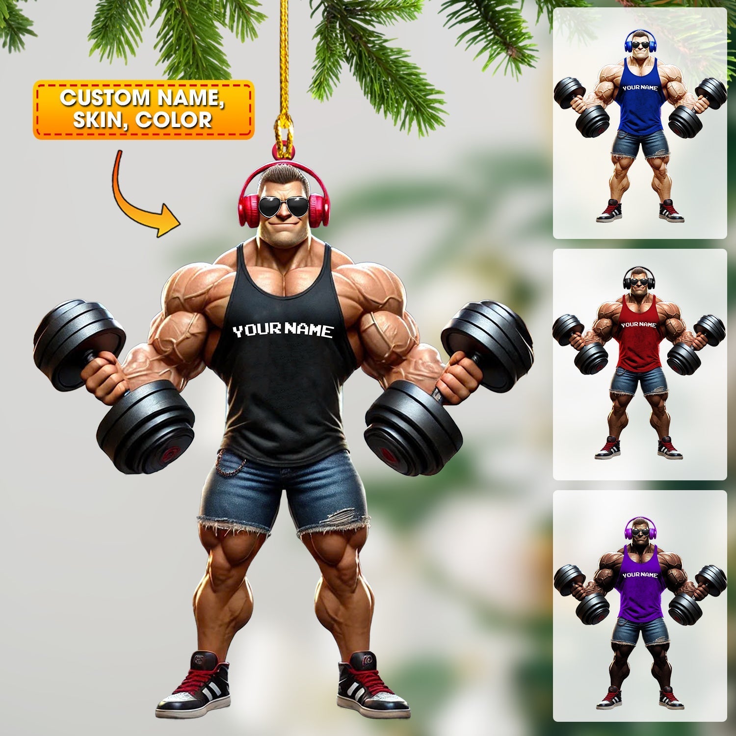 Blisscorners Muscle Man Christmas Ornament, Gym Ornament, Personalized Ornament, Gymnastics Christmas Gift2D Flat LM2211
