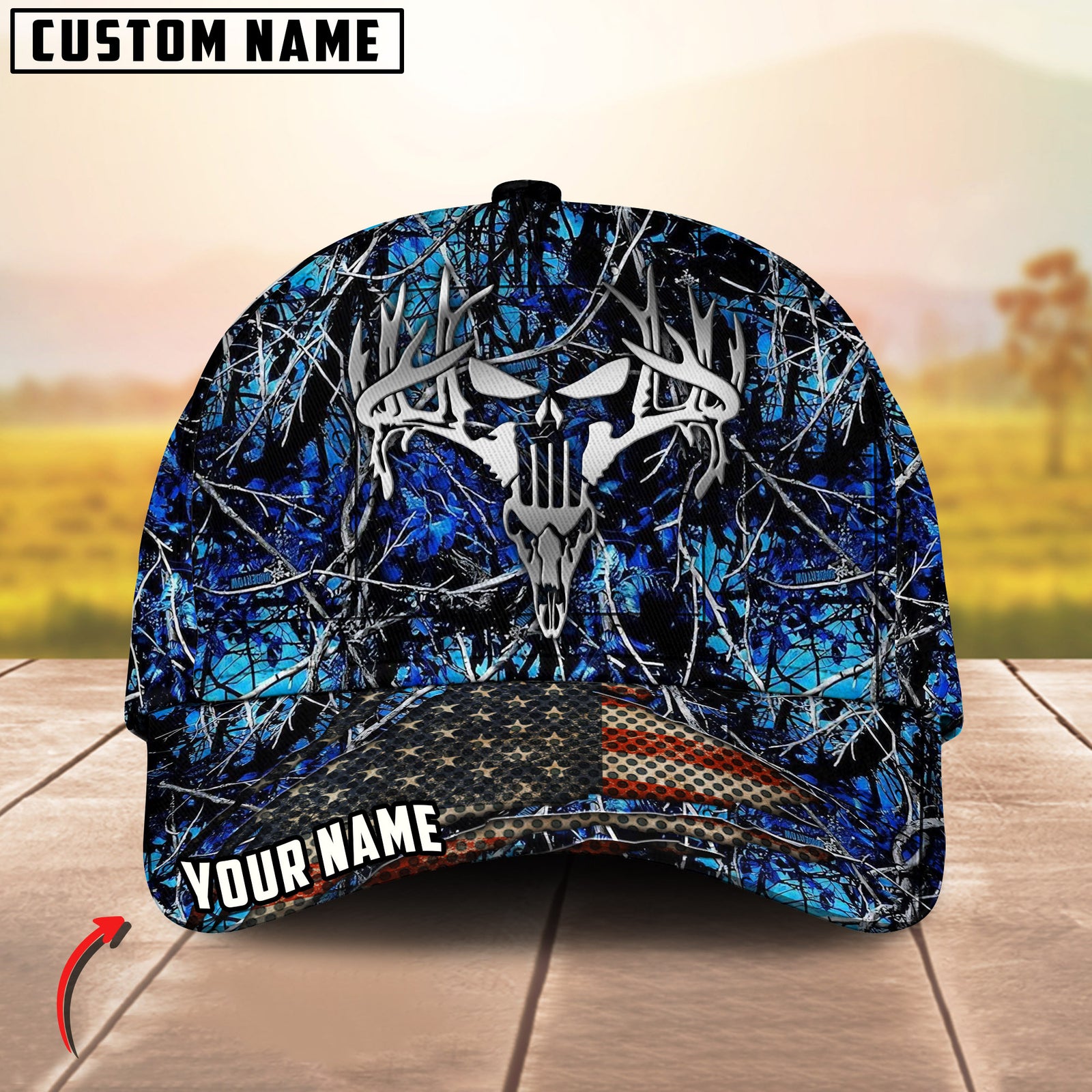 Blisscorners Metal Antler Skull Blue Camo Hunting Personalized 3D Cap Printed Multicolor