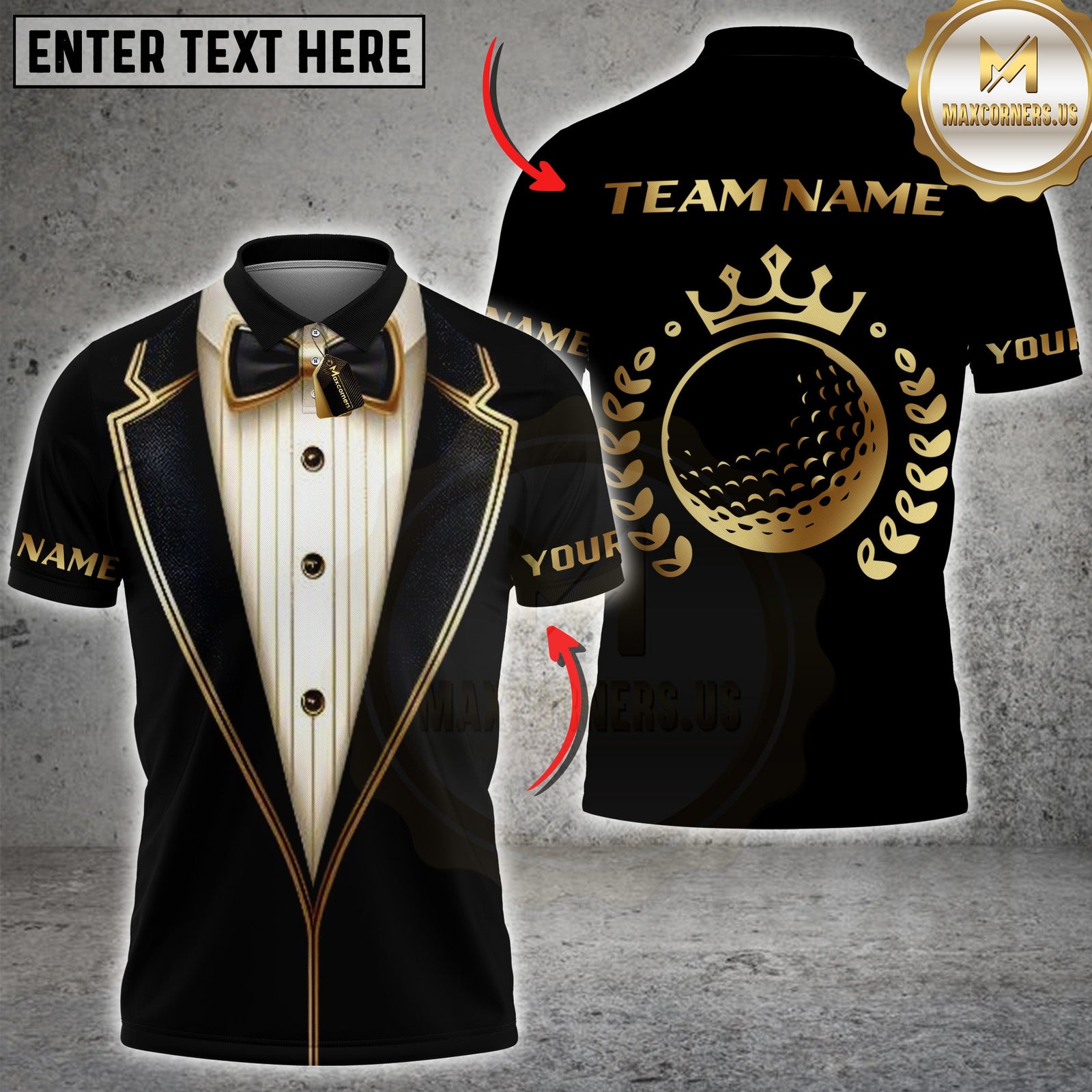 Blisscorners Golf Luxury Tuxedo Gold Ball Crown Personalized Name 3D Unisex Shirt