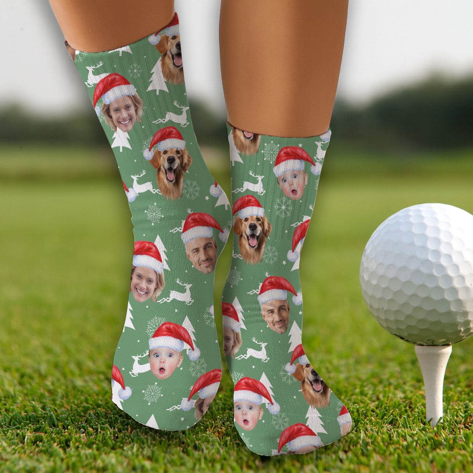 Blisscorners Custom Face Snow Reindeer Sage Green Golf Socks, Christmas Golf Gift, Custom Golf AccessoriesLM2611