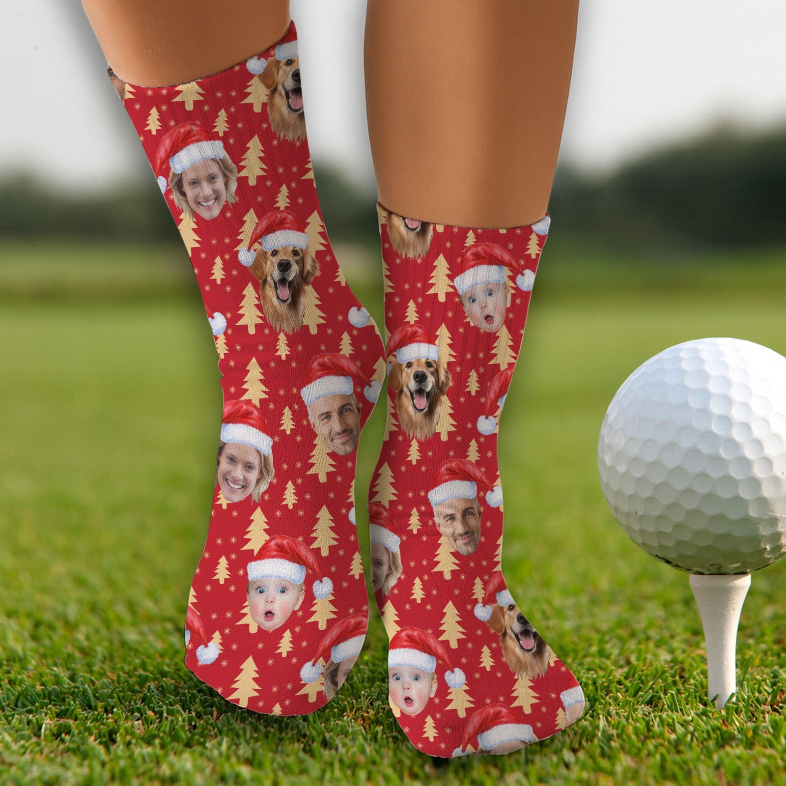 Blisscorners Custom Face Golden Pine Tree Red Golf Socks, Christmas Golf Gift, Custom Golf AccessoriesLM2611