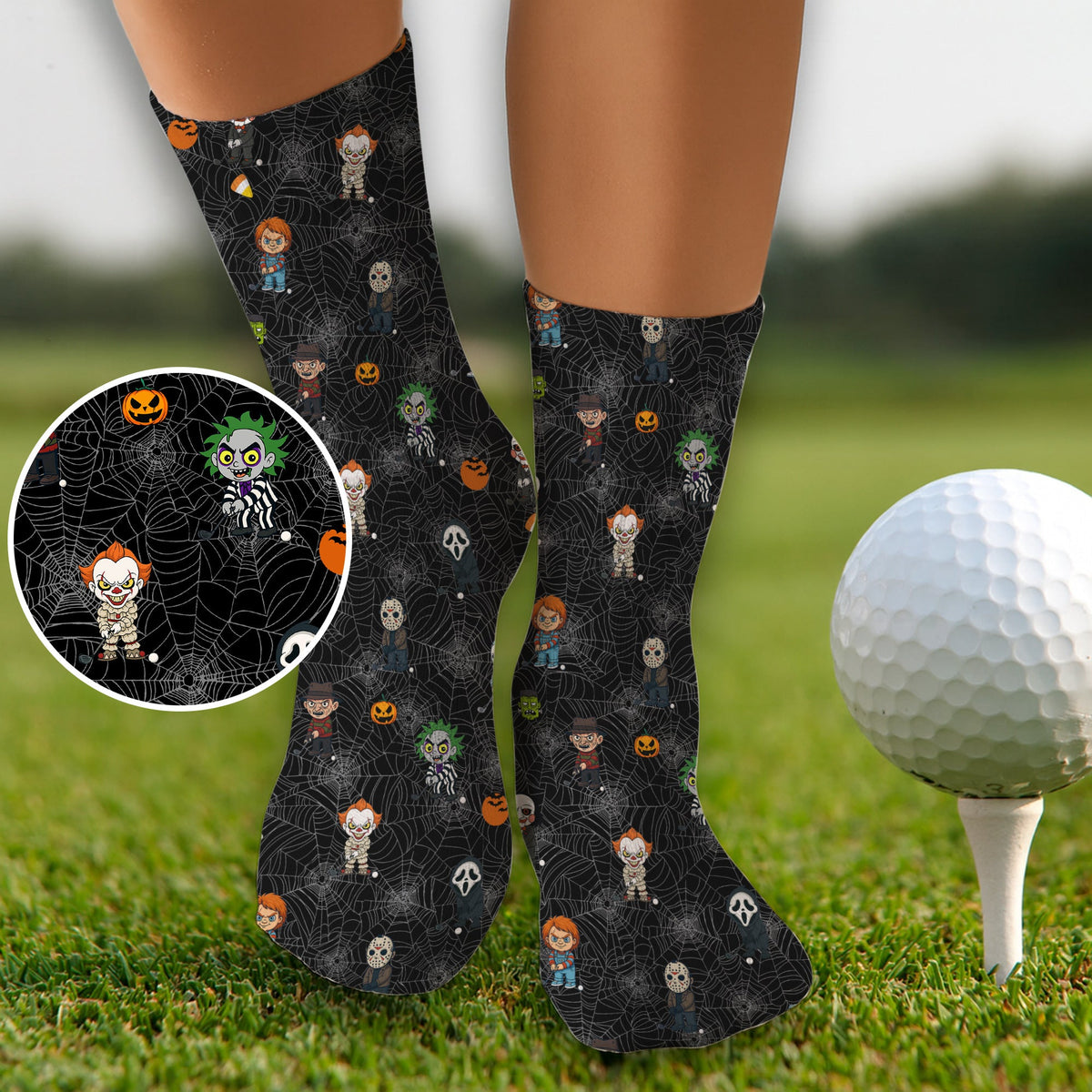 Blisscorners Classic Horror Characters Black Golf Socks, Christmas Golf Gift, Halloween Gift Idea, Golfing ApparelLM2611