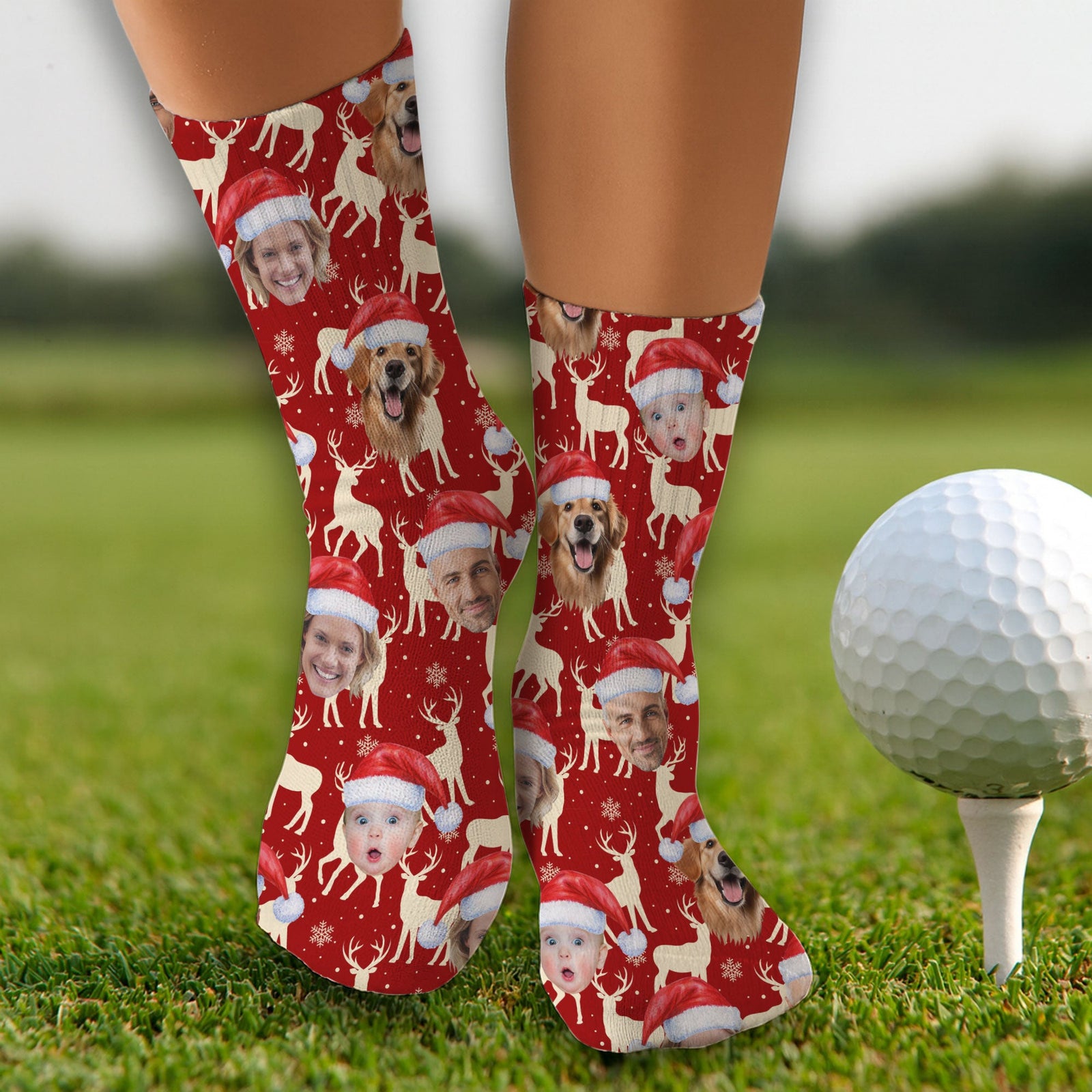 Blisscorners Custom Face Reindeer Pattern Beige And Red Golf Socks, Christmas Golf Gift, Custom Golf AccessoriesLM2611