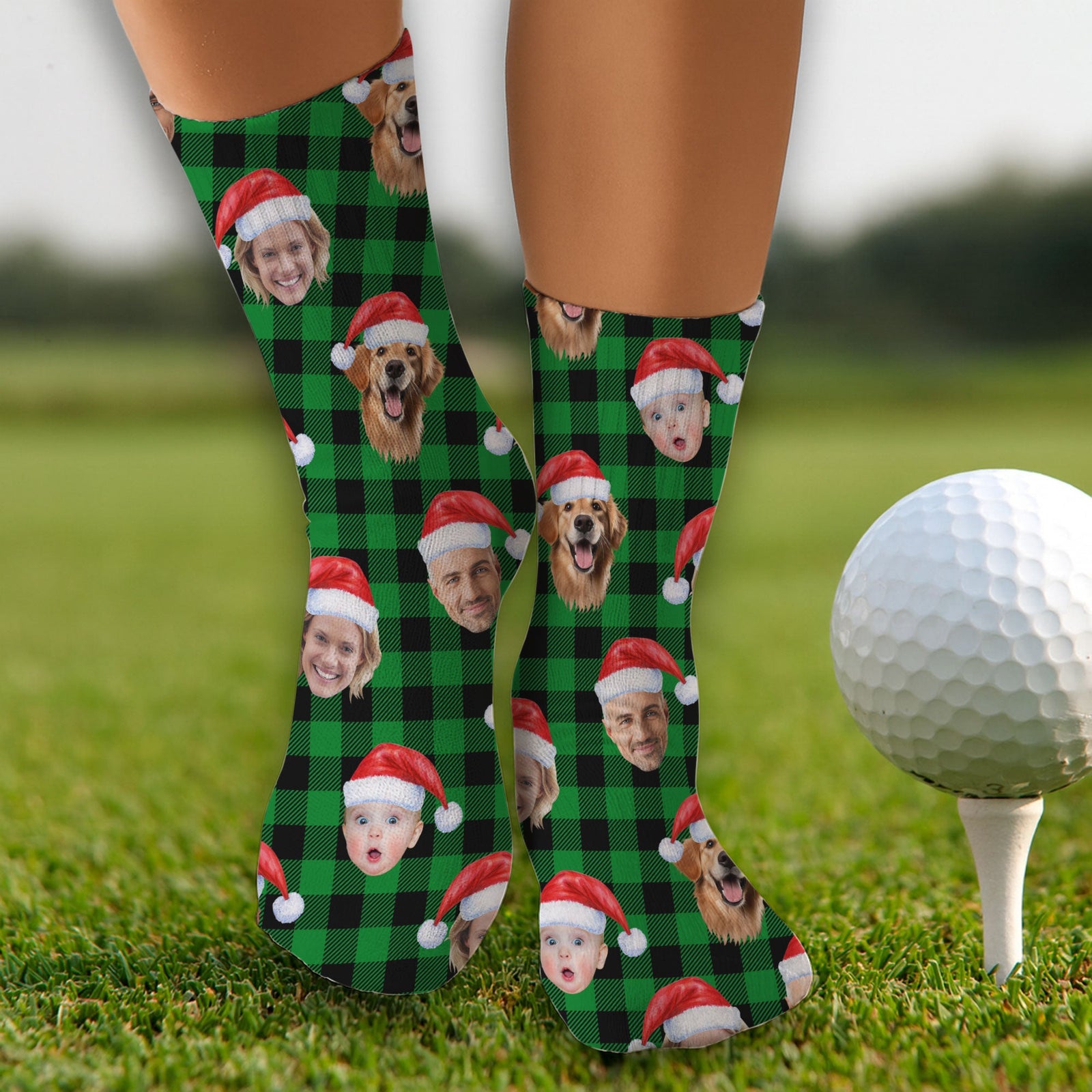 Blisscorners Custom Face Green Buffalo Plaid Golf Socks, Christmas Golf Gift, Custom Golf AccessoriesLM2611
