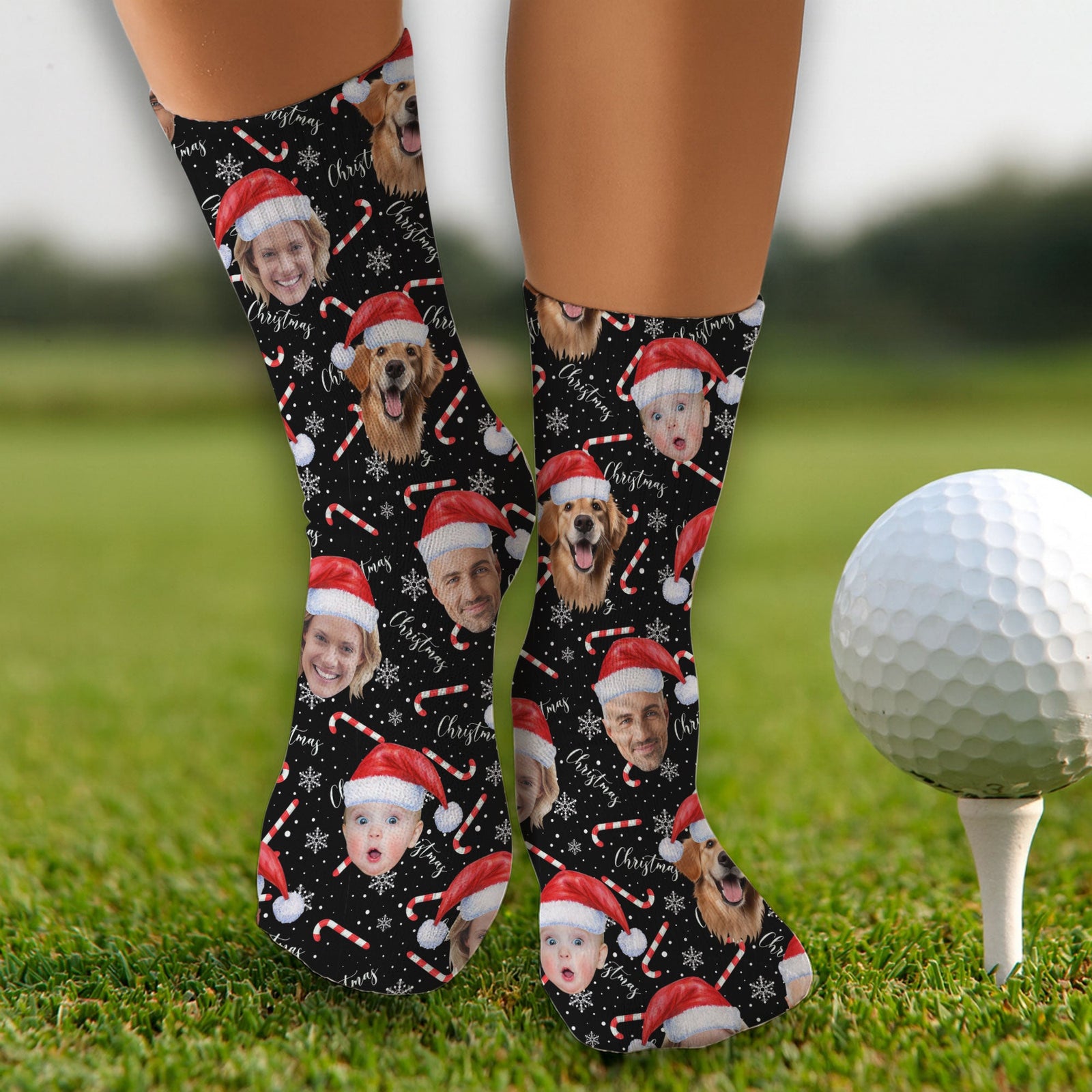 Blisscorners Custom Face Candy Cane Christmas Black Golf Socks, Christmas Golf Gift, Custom Golf AccessoriesLM2611