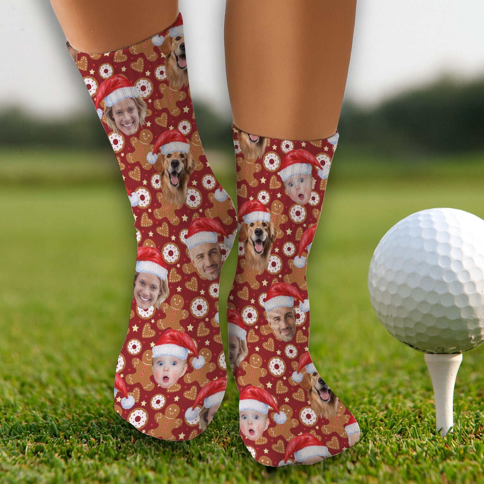 Blisscorners Custom Face Gingerbread Man Christmas Red Golf Socks, Christmas Golf Gift, Custom Golf AccessoriesLM2611