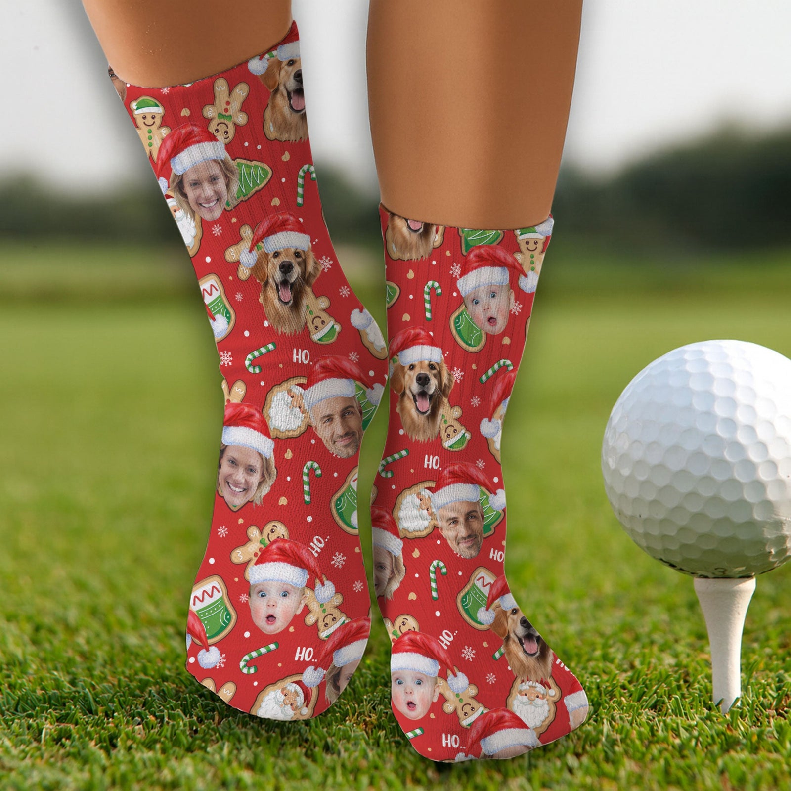Blisscorners Custom Face Ho... Gingerbread Pattern Red Golf Socks, Christmas Golf Socks, Golf Gift IdeaLM2611