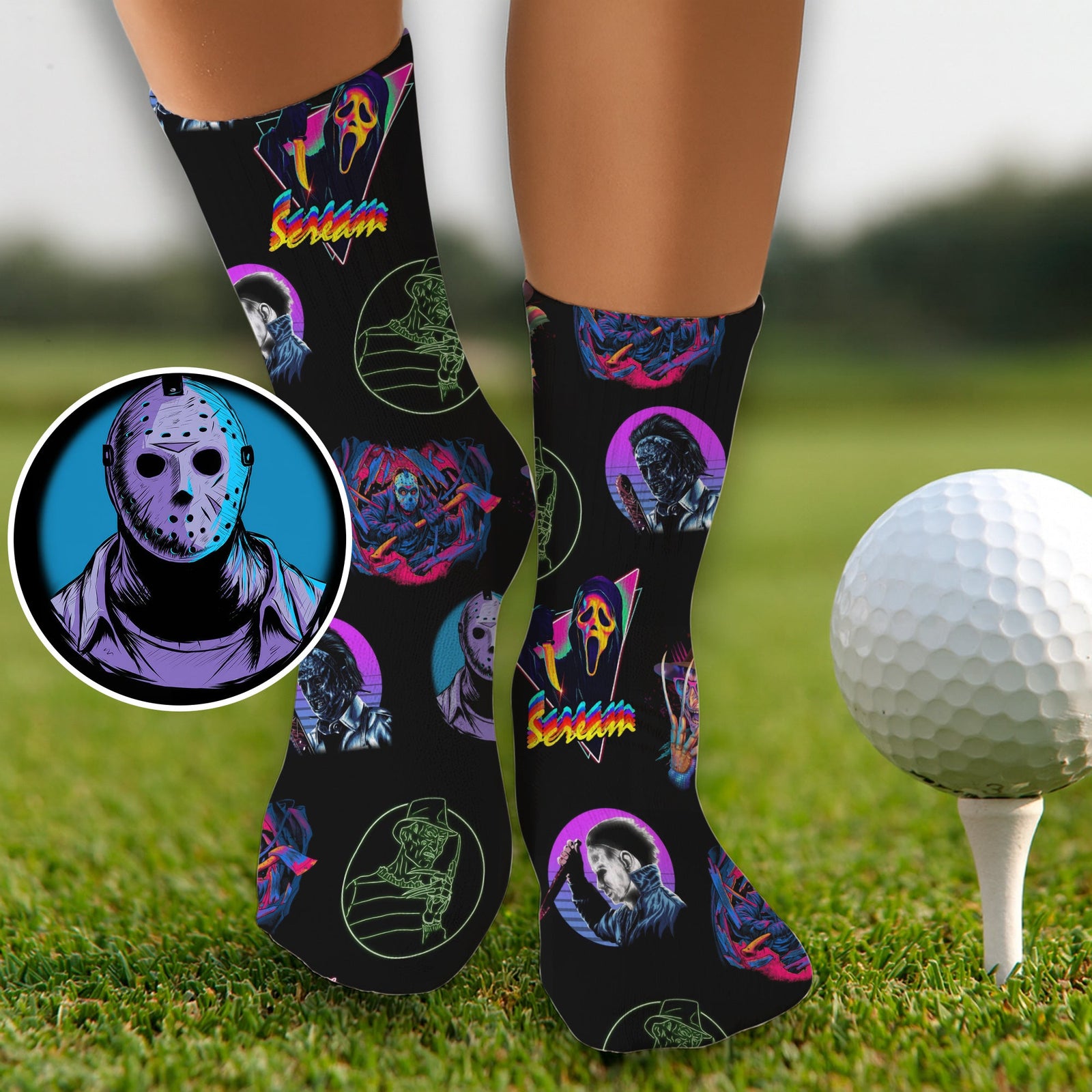 Blisscorners Horror Movie Halloween Golf Socks,  Halloween Gift Idea, Golfing Apparel, Funny Golf SocksLM2611