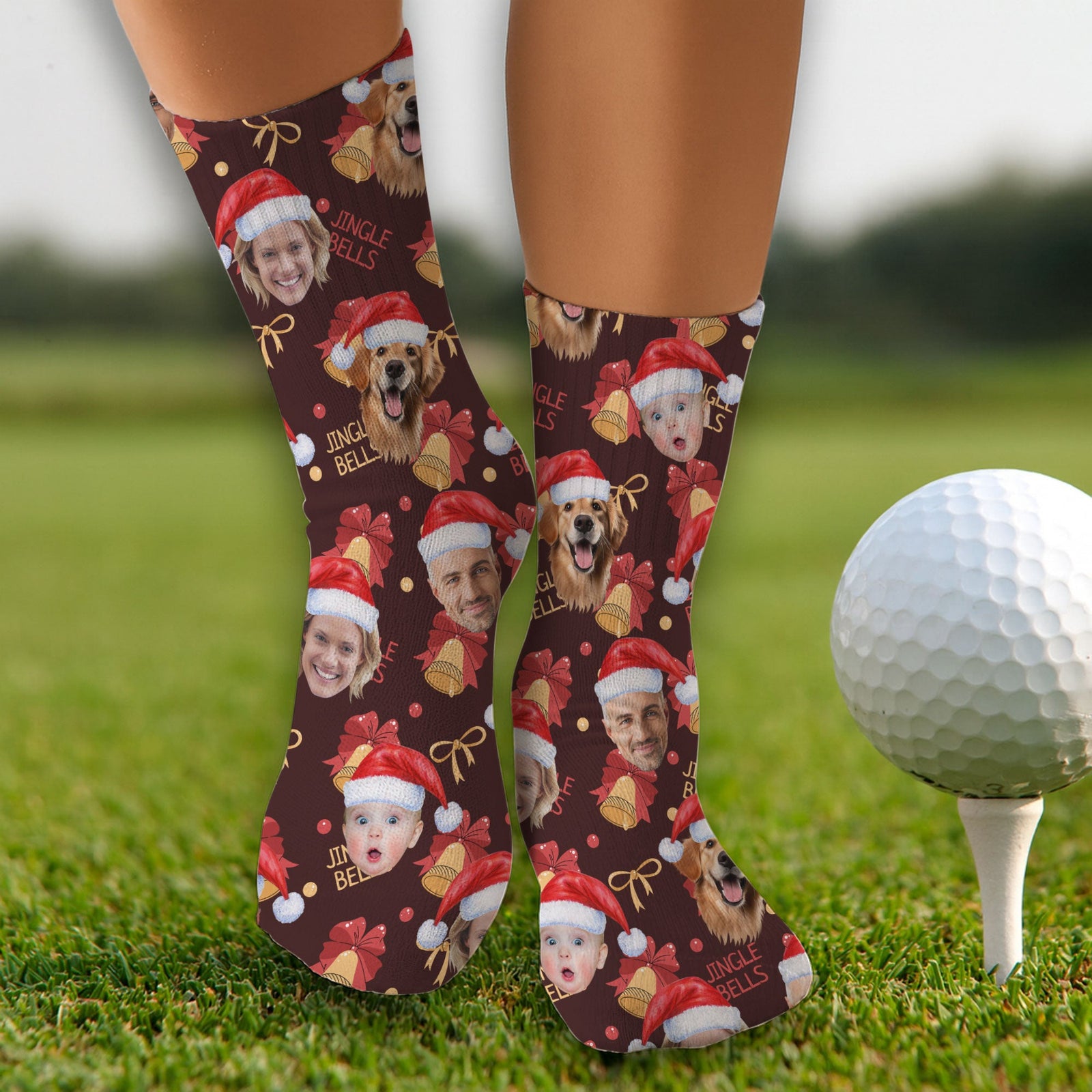 Blisscorners Custom Face Christmas Jingle Bells Brown Golf Socks, Christmas Golf Gift, Custom Golf AccessoriesLM2611