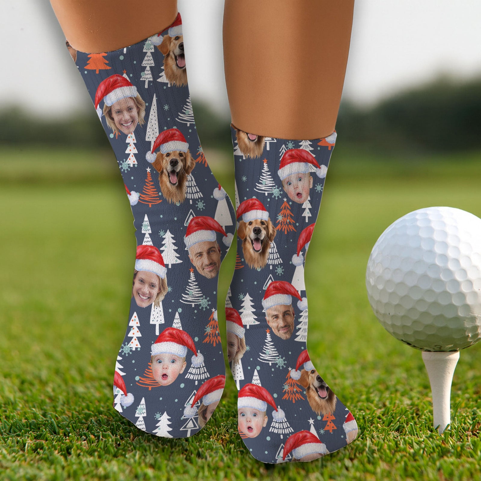 Blisscorners Custom Face White And Orange Xmas Pine Tree Golf Socks, Christmas Golf Gift, Custom Golf AccessoriesLM2611