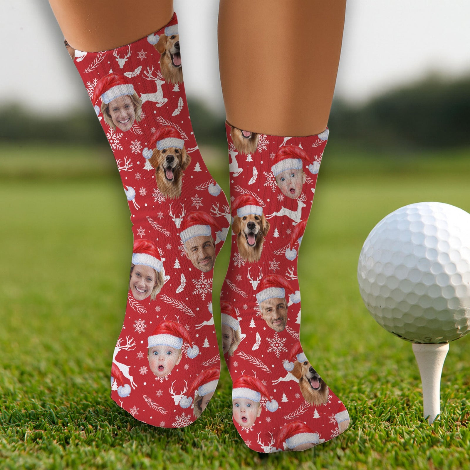 Blisscorners Custom Face Xmas Pattern Red Golf Socks, Christmas Golf Gift, Custom Golf AccessoriesLM2611