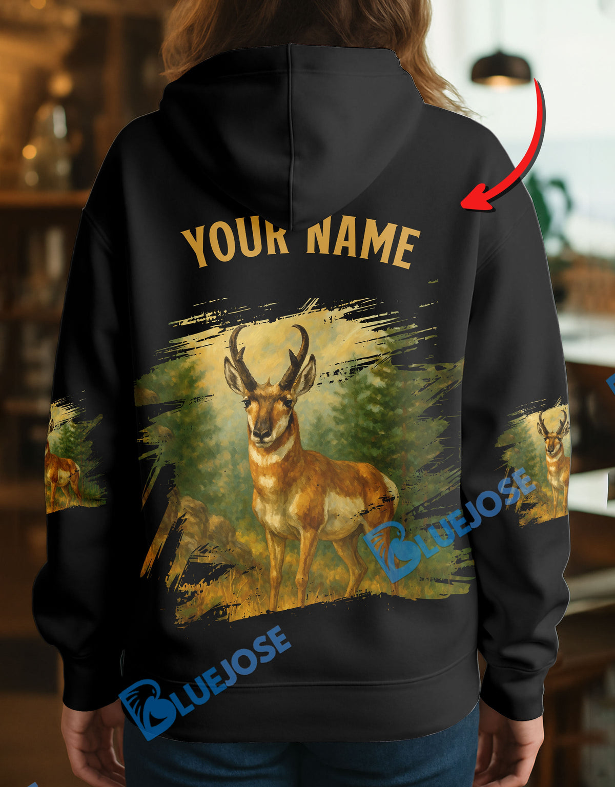 Blisscorners Black Pronghorn Hunter Personalized Name Hoodie For Hunting Lover