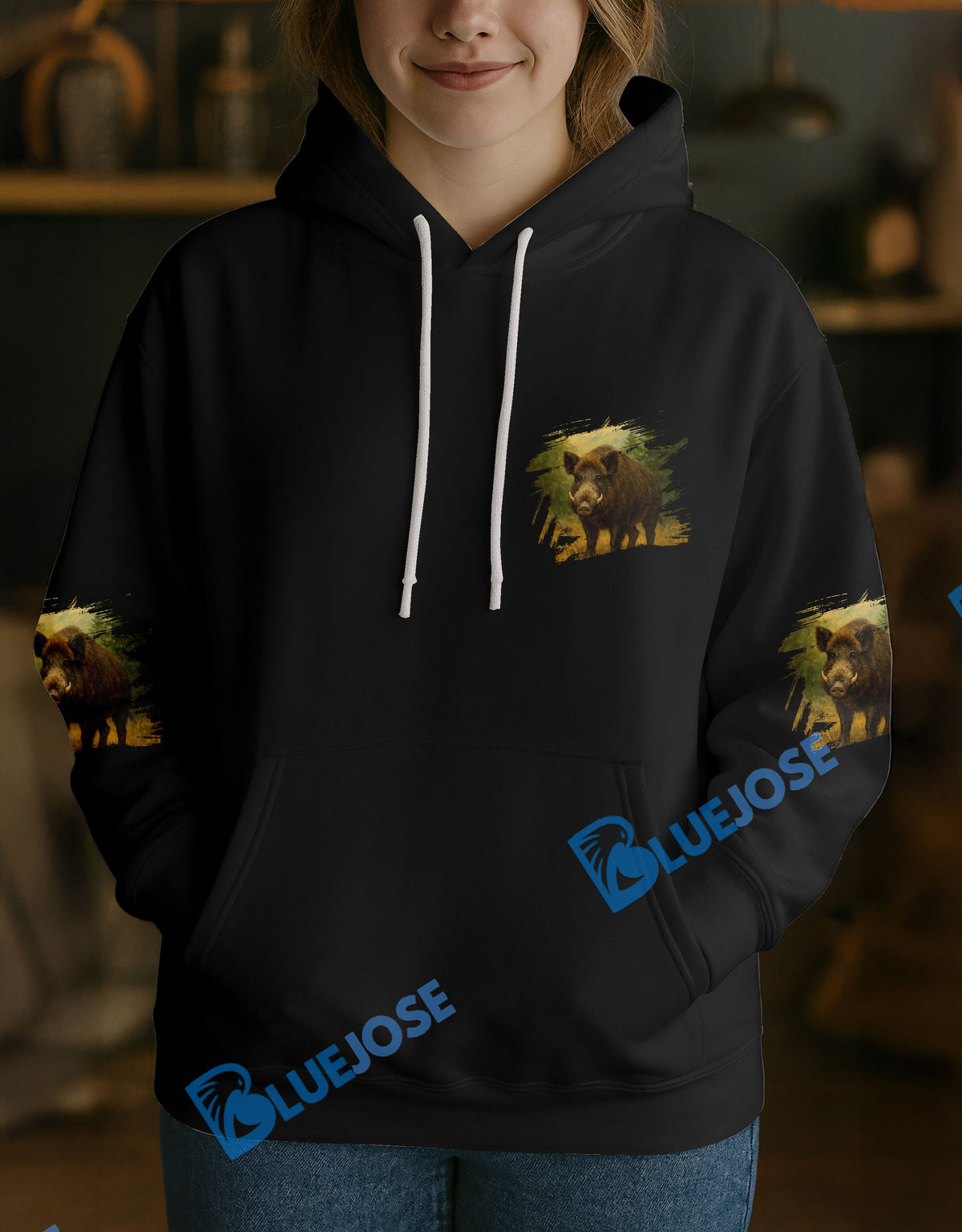 Blisscorners Black Boar Hunter Personalized Name Hoodie For Hunting Lover